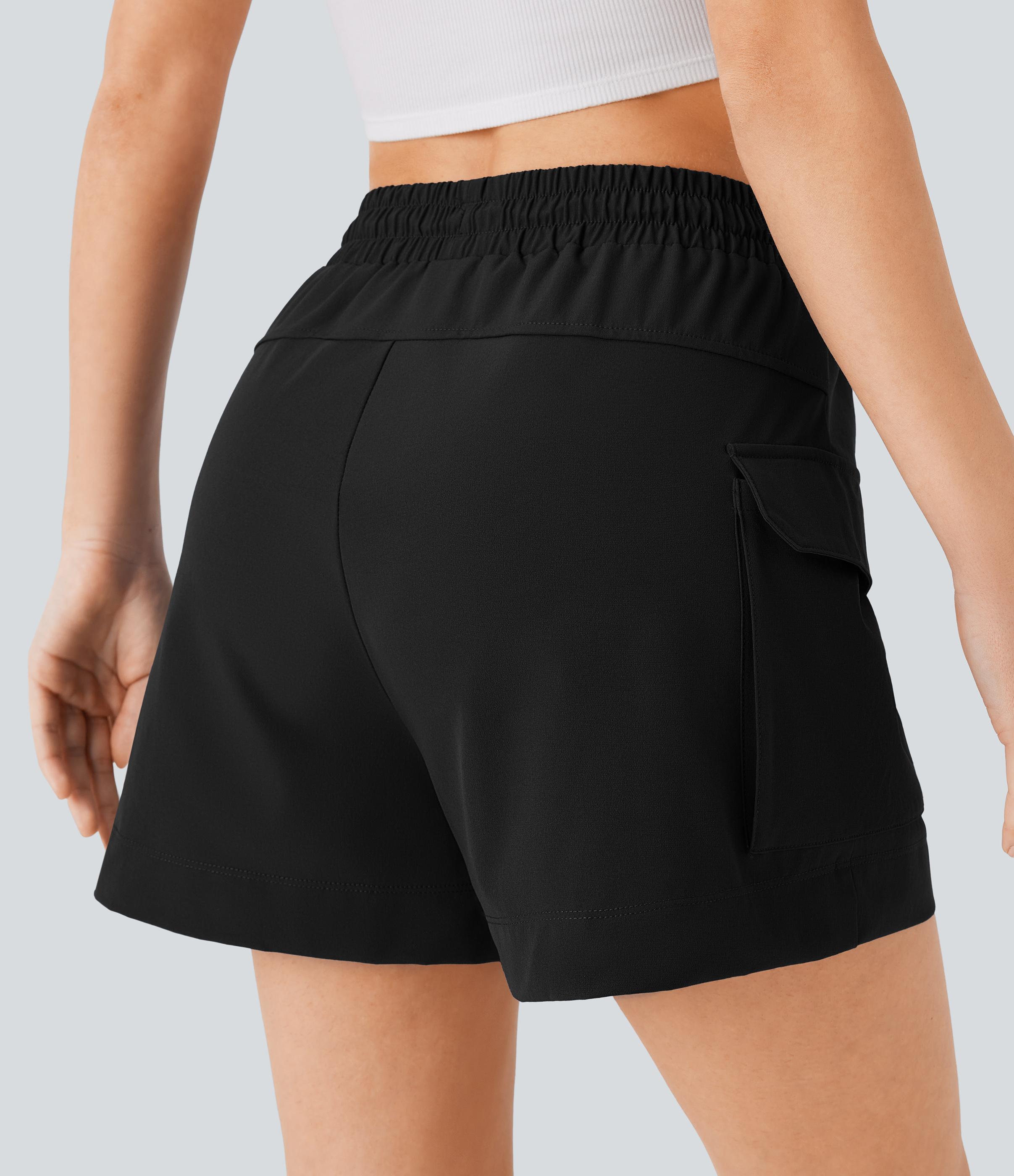 Halara High Waisted Drawstring Flap Pocket Casual Cargo Shorts  - Black - S booty shorts compression shorts yoga shorts 