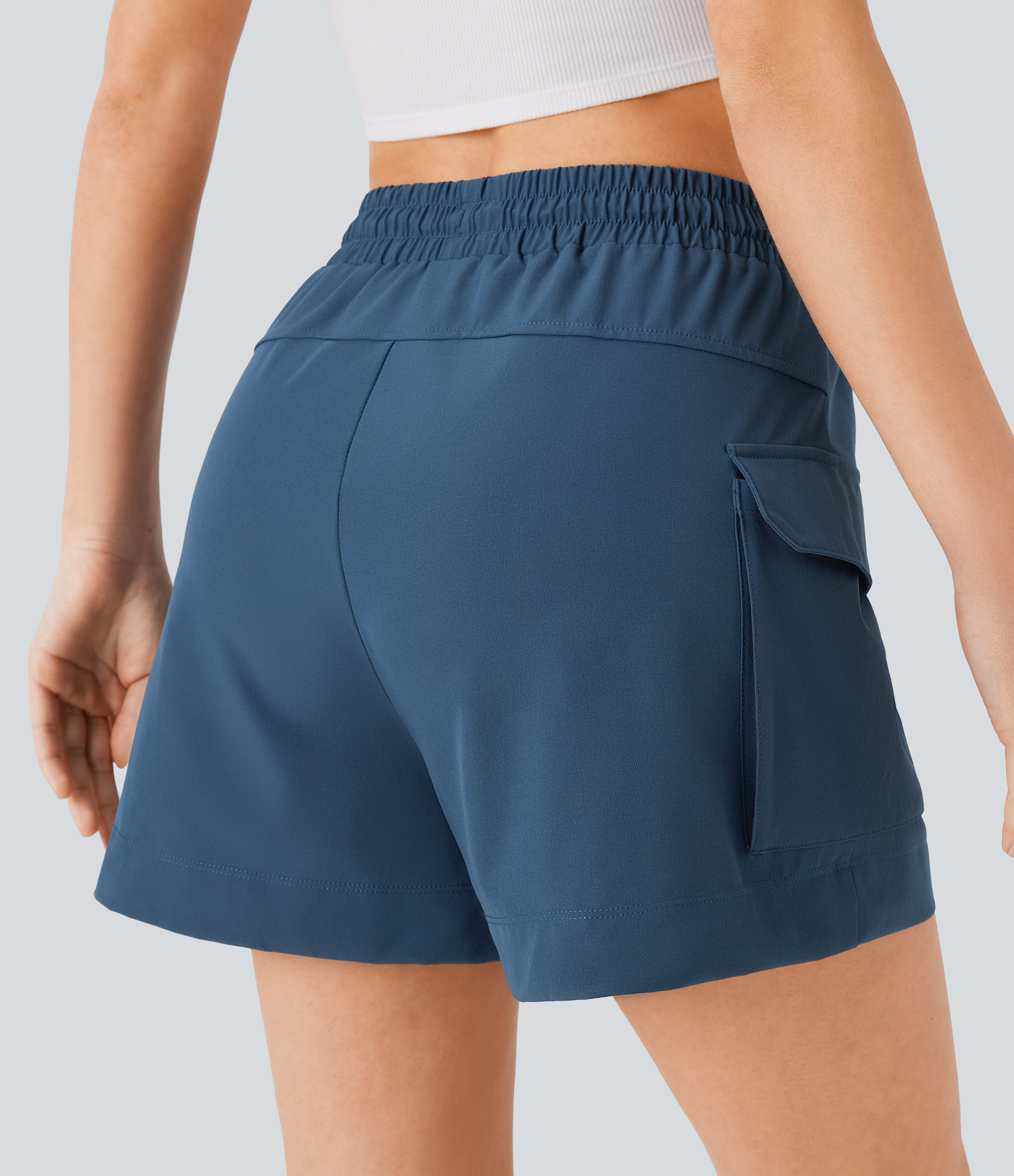 Halara High Waisted Drawstring Flap Pocket Casual Cargo Shorts  - Dark Blue - S booty shorts compression shorts yoga shorts 