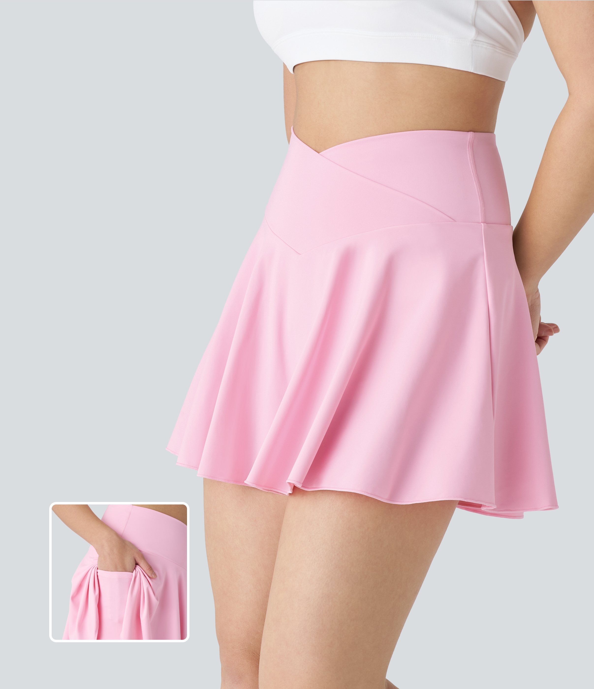 Halara Softlyzeroв„ў Airy Comfy High Waisted Crossover 2-in-1 Side Pocket Flare Cool Touch Tennis Skirt-Longer Length-UPF50+  - Nosegay - M(Long) 
