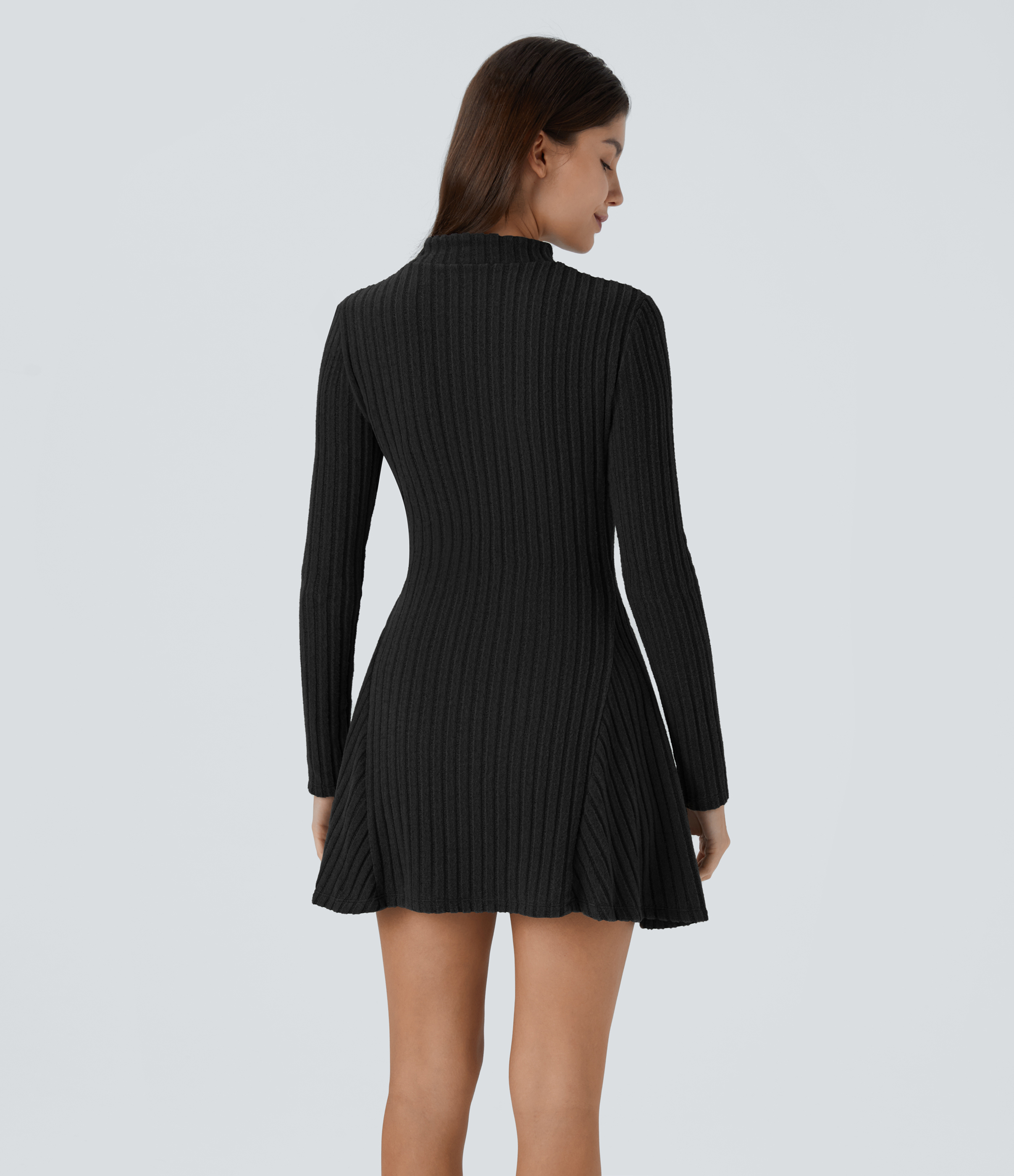 Halara Ribbed Knit Stand Collar Long Sleeve Mini Casual Dress Casual Dress - Black - L slip dress beach dress ruched dress halter dress 