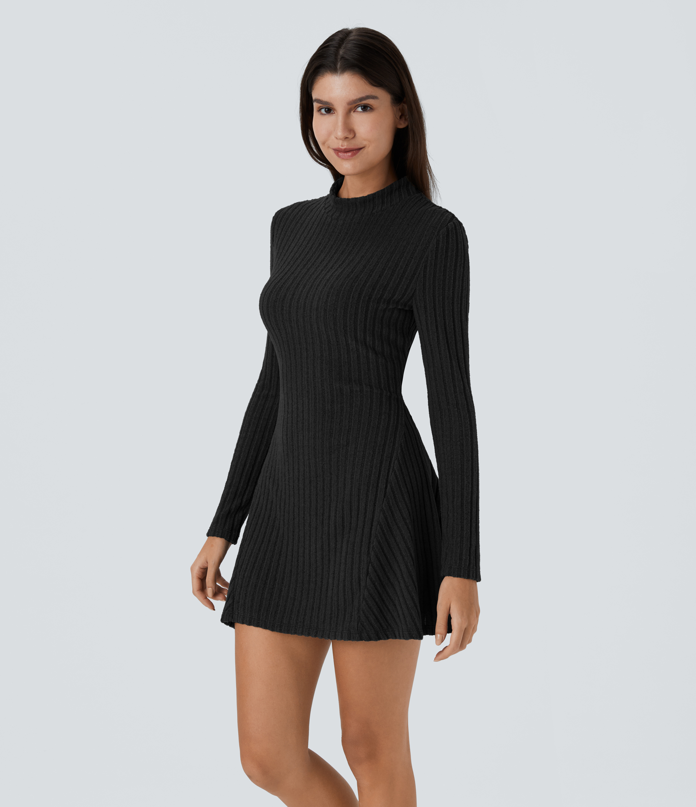 Halara Ribbed Knit Stand Collar Long Sleeve Mini Casual Dress Casual Dress - Black - L slip dress beach dress ruched dress halter dress 