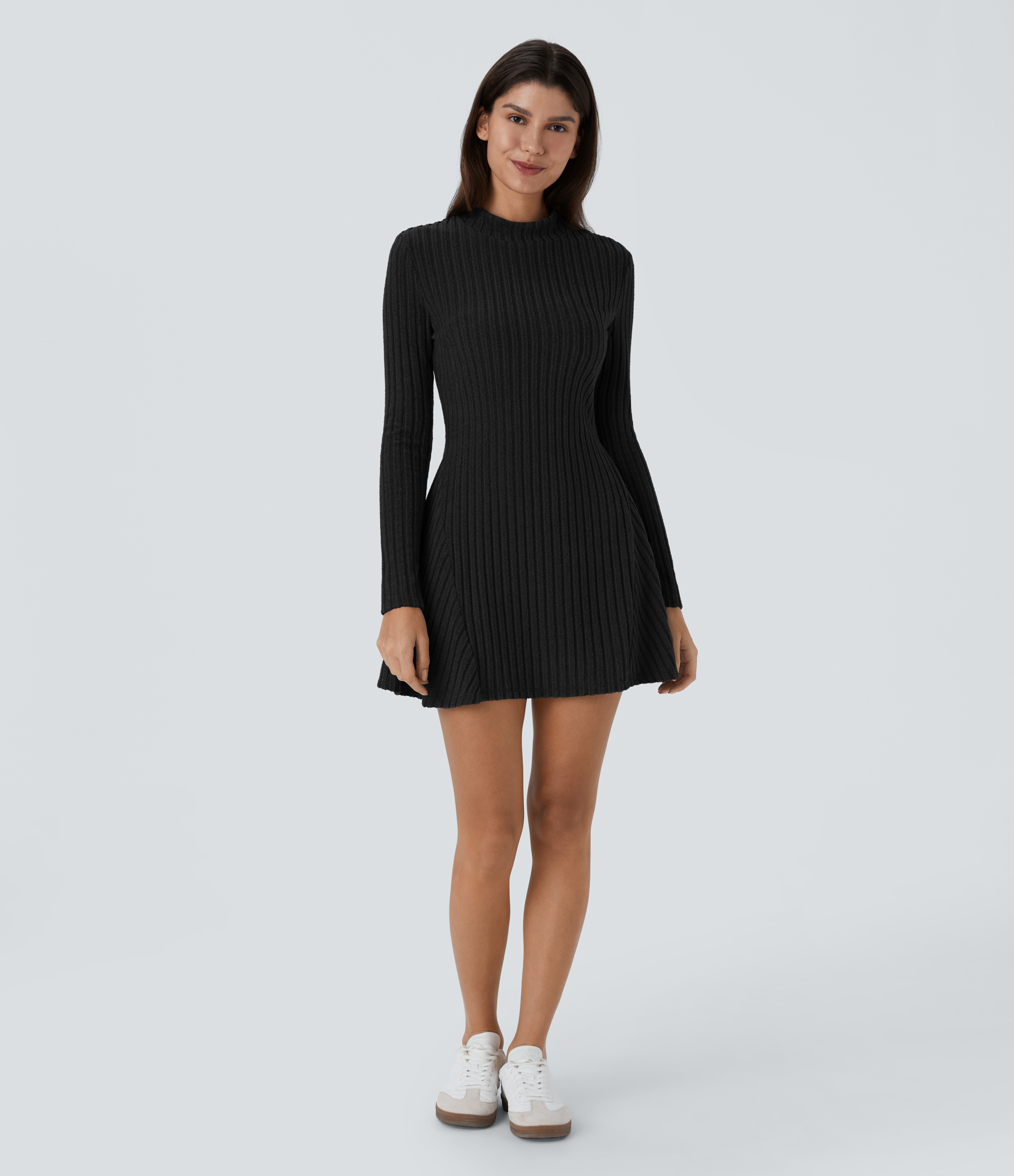 Halara Ribbed Knit Stand Collar Long Sleeve Mini Casual Dress Casual Dress - Black - L slip dress beach dress ruched dress halter dress 