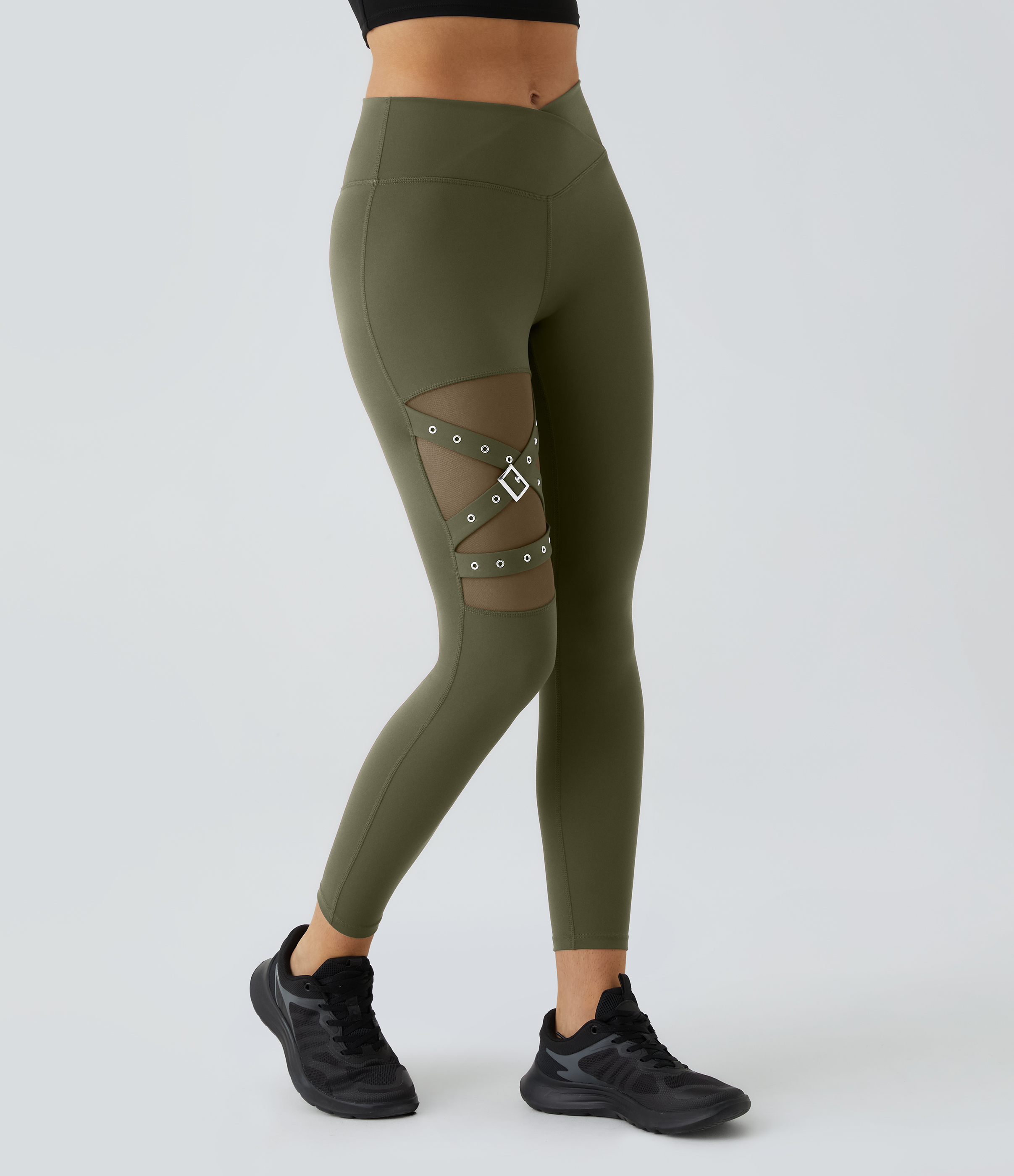 Halara High Waisted Crossover Contrast Mesh Decorative Buckle Yoga 7/8 Leggings  - Forest Night - L(7/8) gym leggings leggings with pockets 