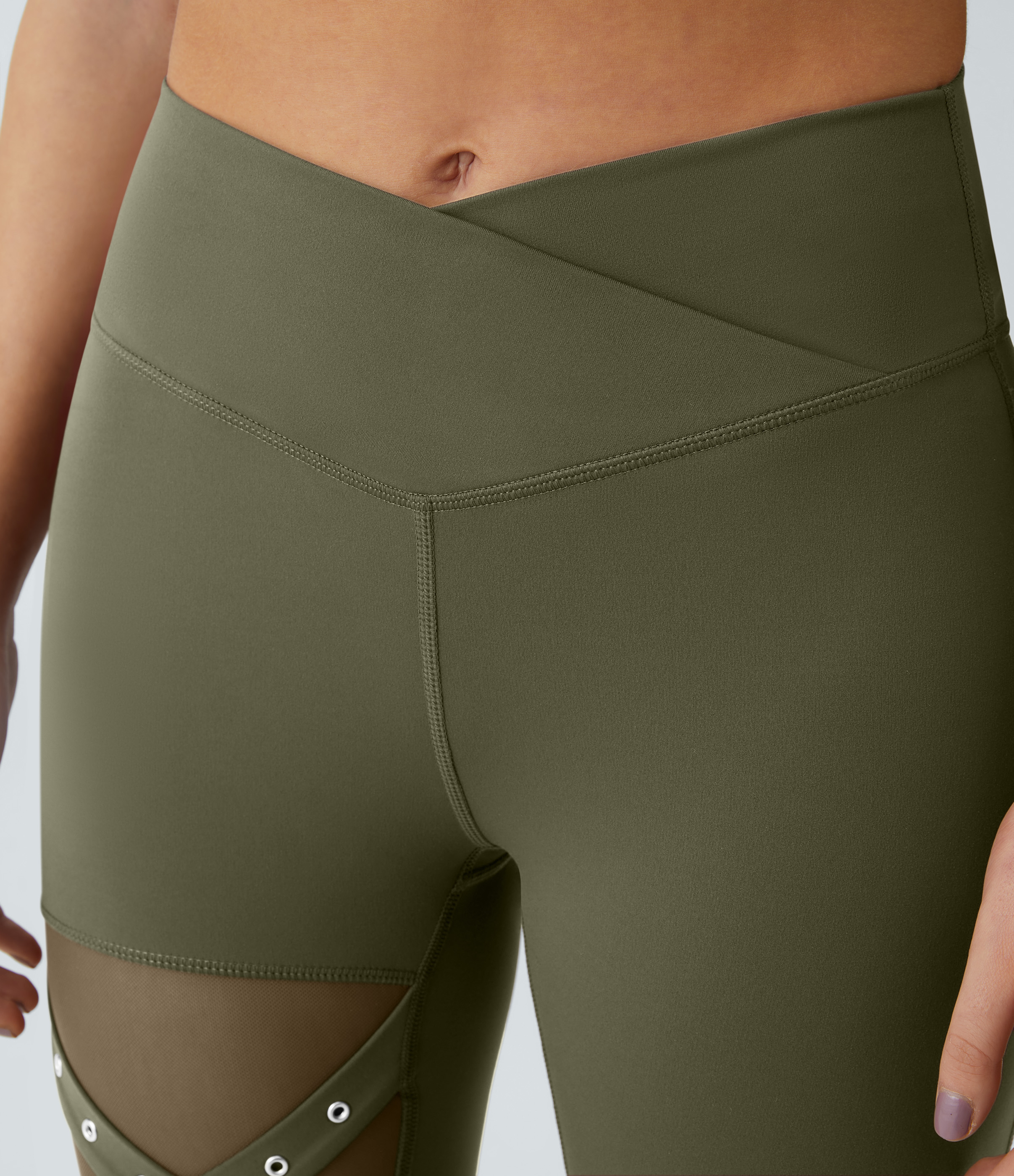 Halara High Waisted Crossover Contrast Mesh Decorative Buckle Yoga 7/8 Leggings  - Forest Night - L(7/8) gym leggings leggings with pockets 