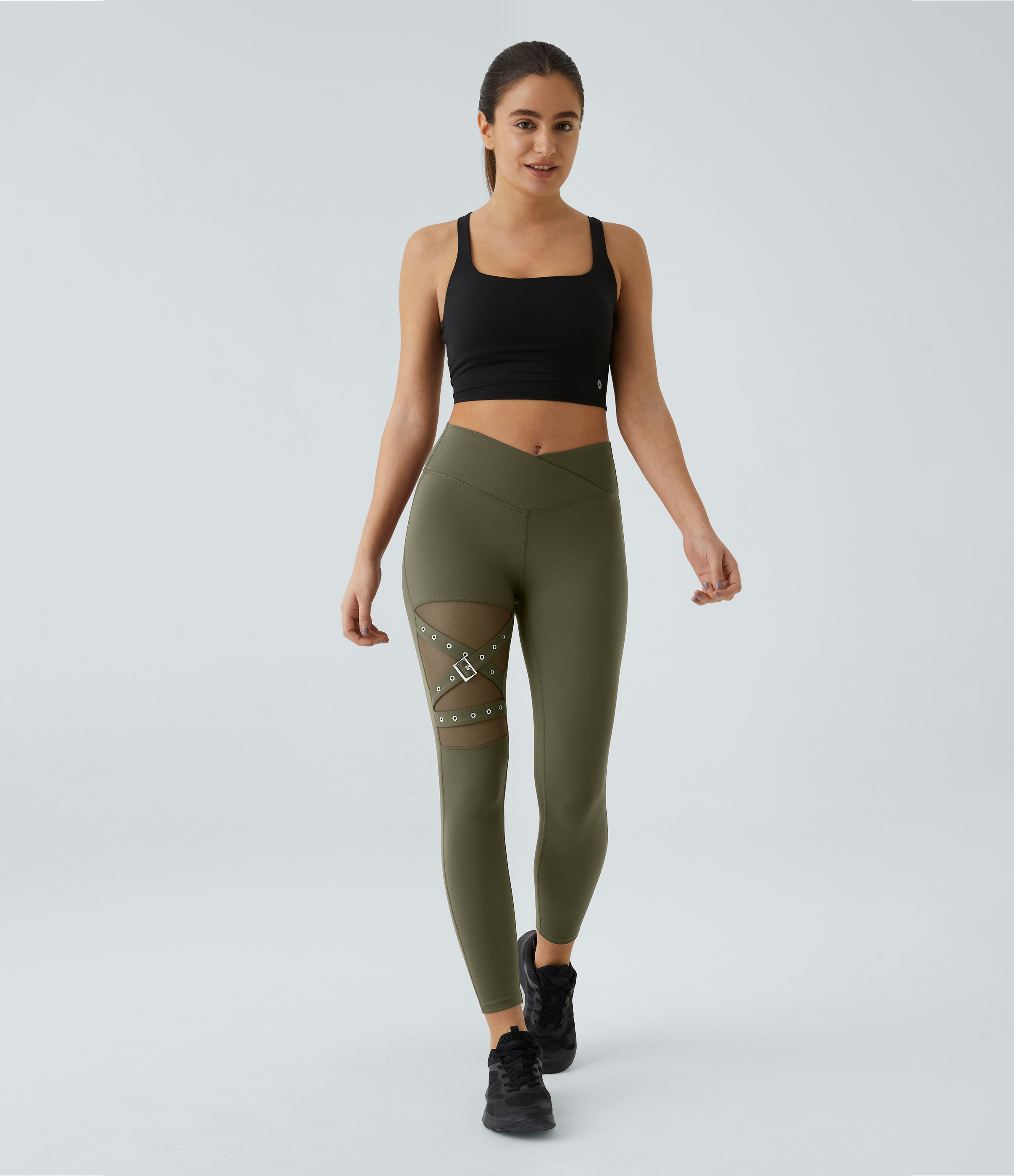 Halara High Waisted Crossover Contrast Mesh Decorative Buckle Yoga 7/8 Leggings  - Forest Night - L(7/8) gym leggings leggings with pockets 