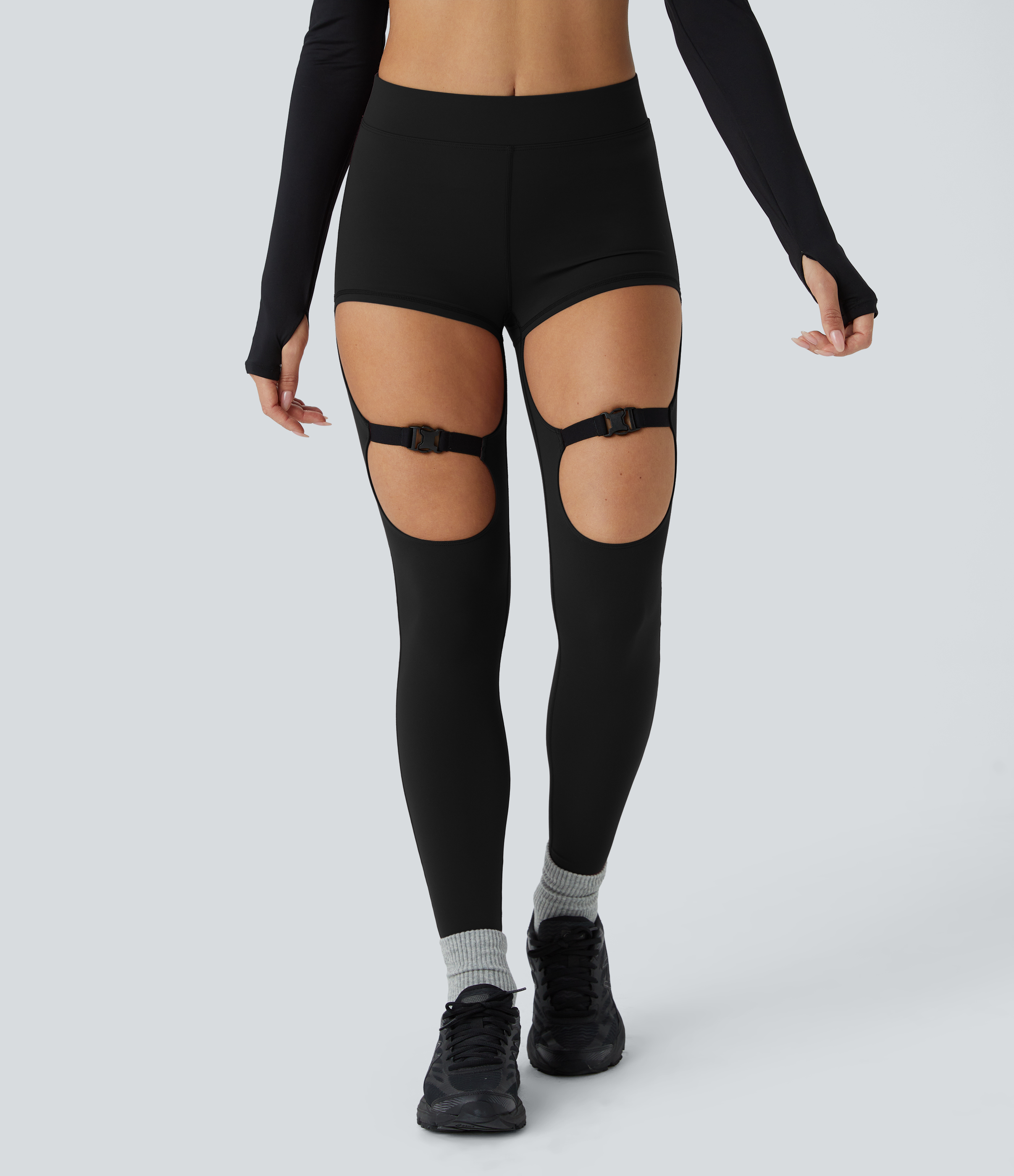 Halara UltraSculpt Mid Rise Cut Out Adjustable Buckle 7/8 Yoga Leggings  - Black - L(7/8) gym leggings leggings with pockets 