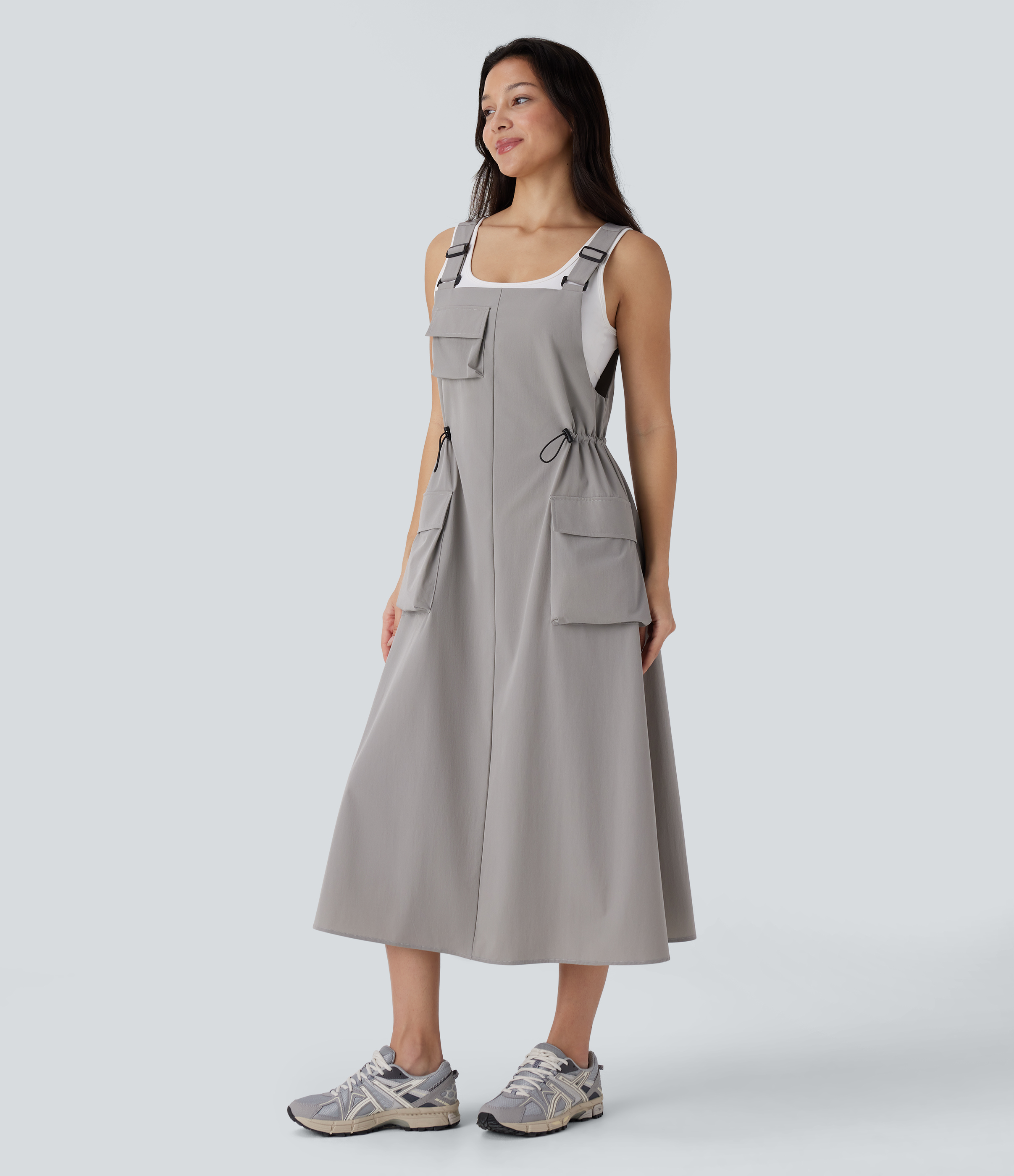 Halara Adjustable Strap Drawstring Multiple Pockets Midi Hiking Overall Active Dress Workout Dress - Limestone - L 