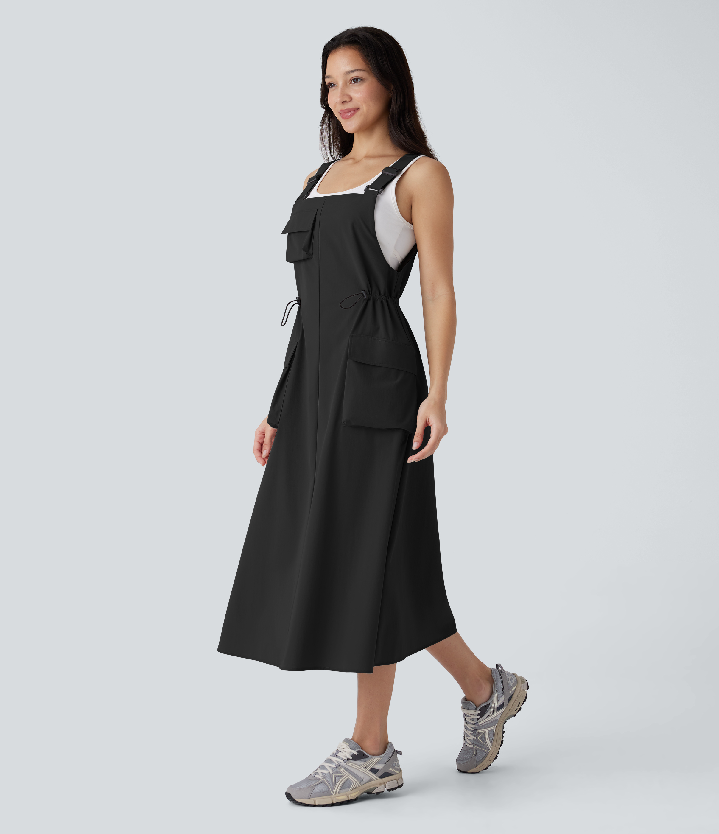 Halara Adjustable Strap Drawstring Multiple Pockets Midi Hiking Overall Active Dress Workout Dress - Black - S 