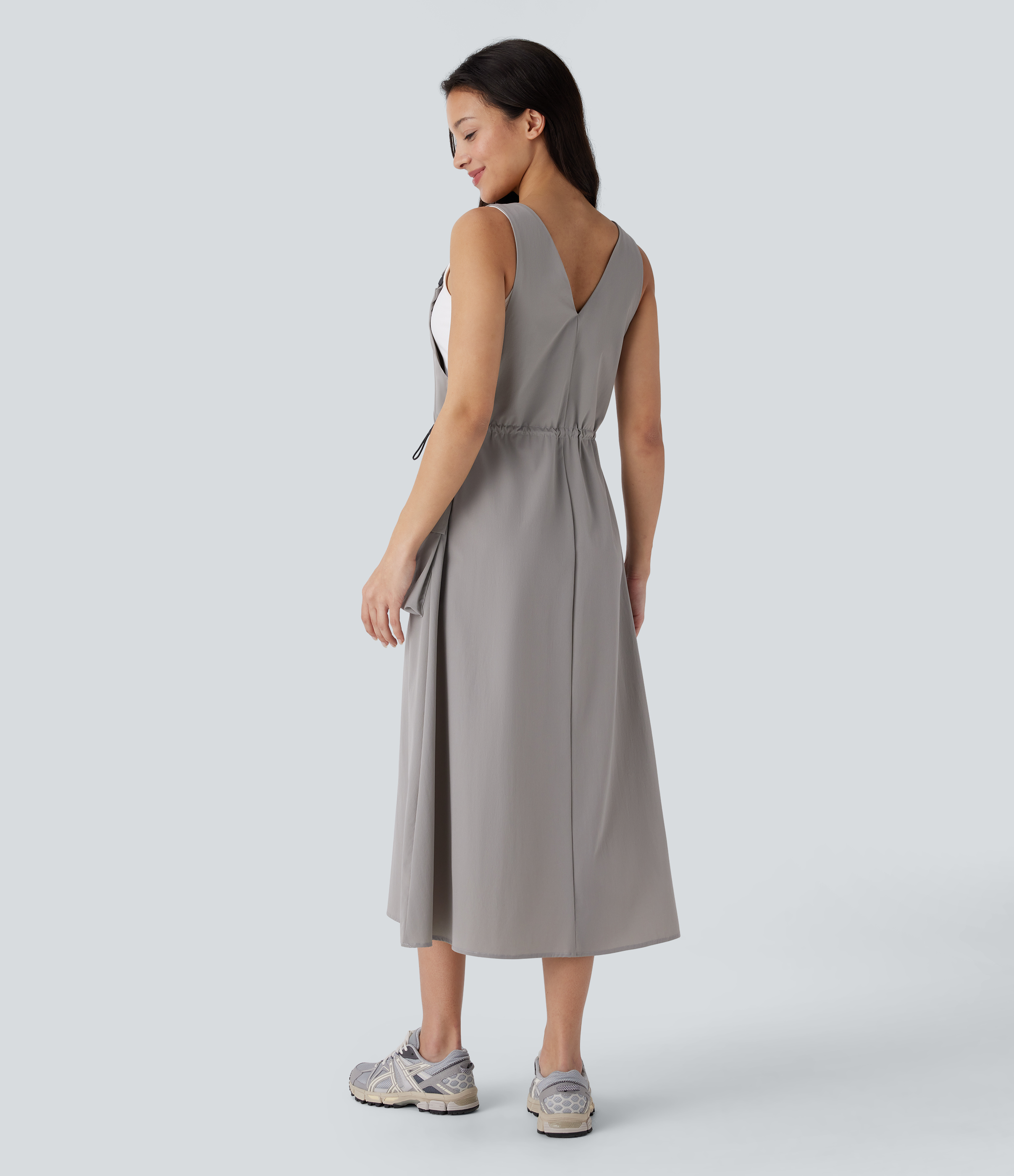 Halara Adjustable Strap Drawstring Multiple Pockets Midi Hiking Overall Active Dress Workout Dress - Limestone - L 