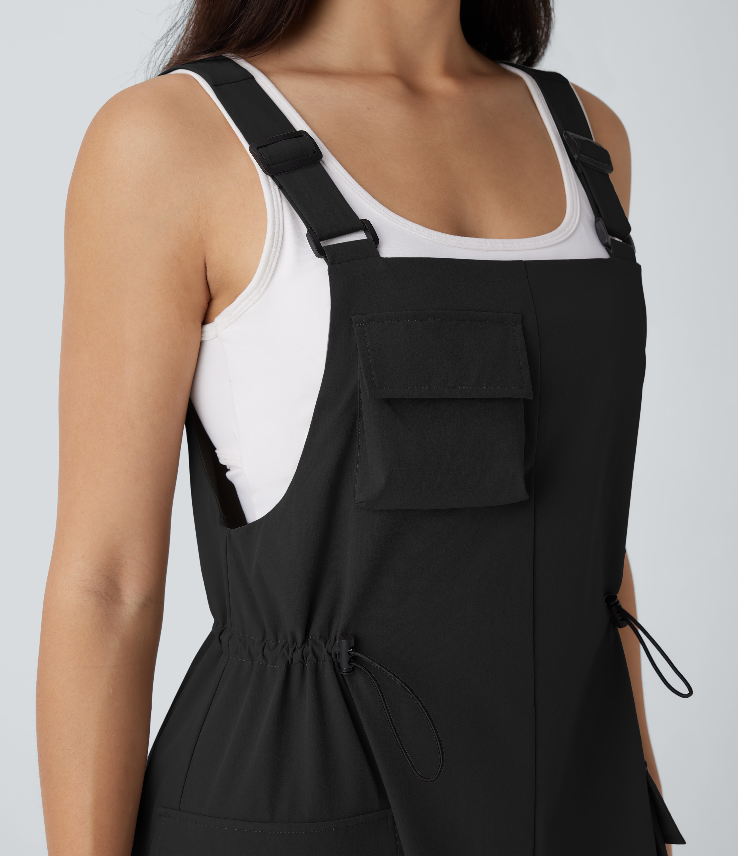 Halara Adjustable Strap Drawstring Multiple Pockets Midi Hiking Overall Active Dress Workout Dress - Black - S 