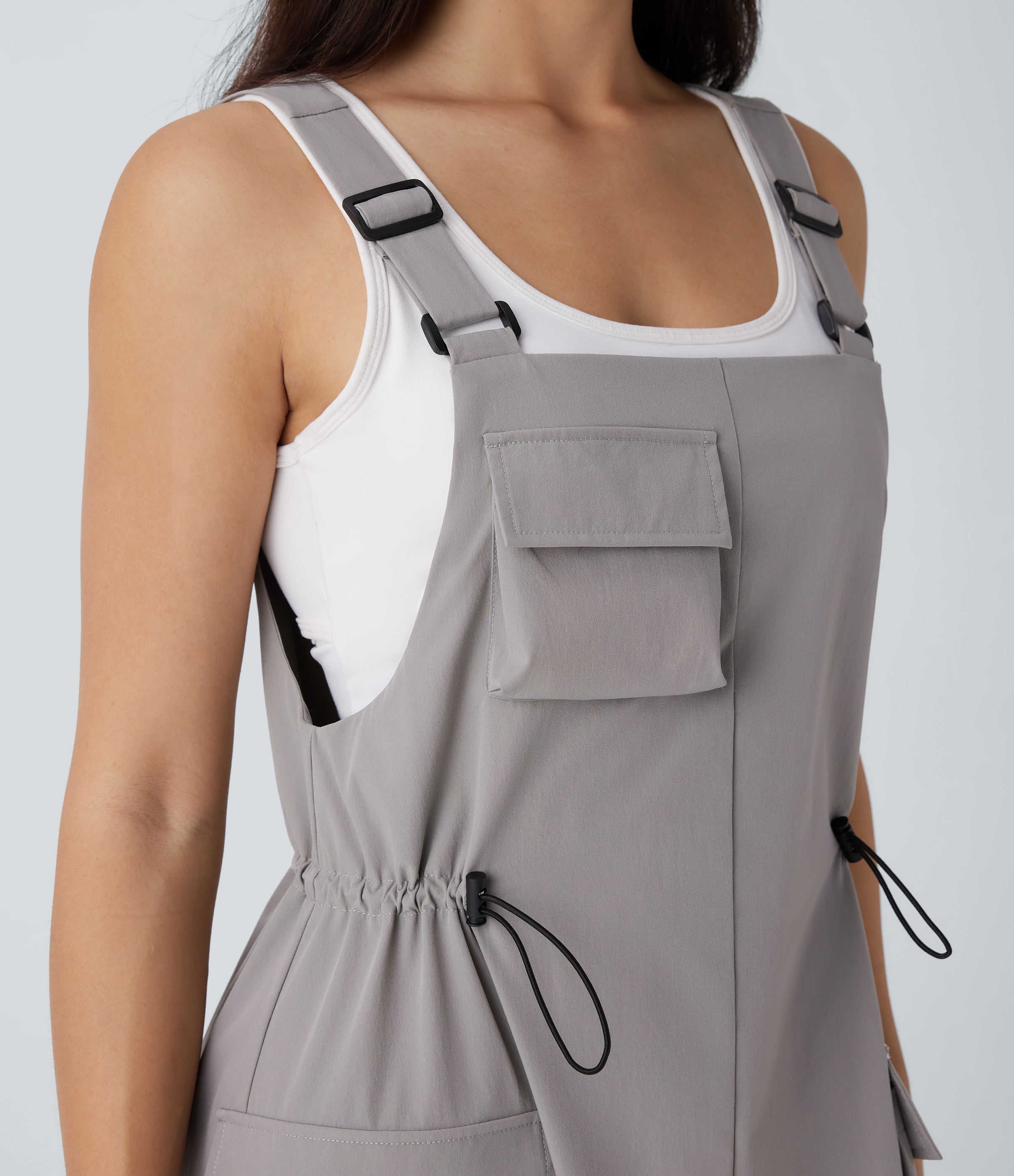 Halara Adjustable Strap Drawstring Multiple Pockets Midi Hiking Overall Active Dress Workout Dress - Limestone - L 