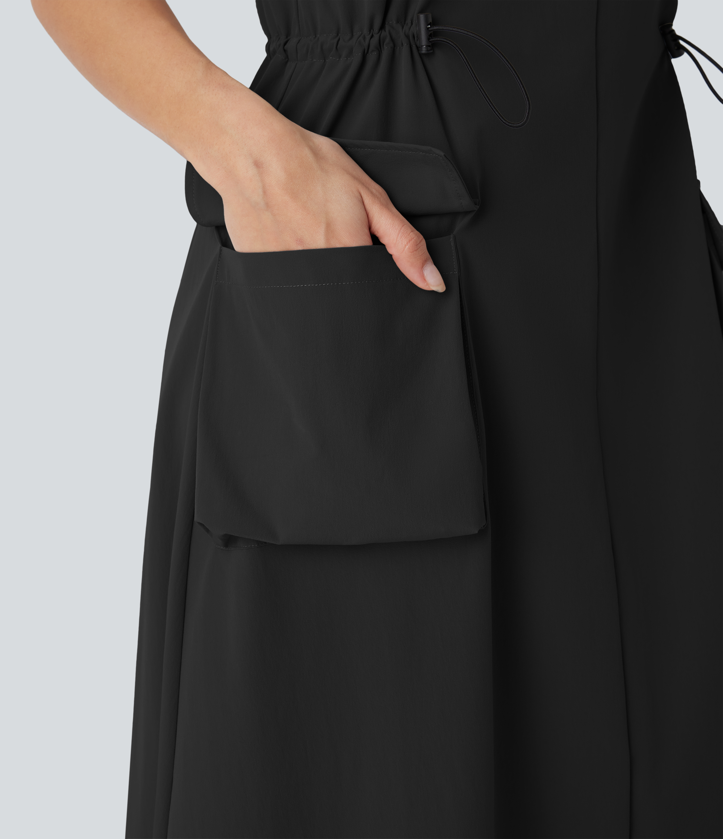 Halara Adjustable Strap Drawstring Multiple Pockets Midi Hiking Overall Active Dress Workout Dress - Black - S 