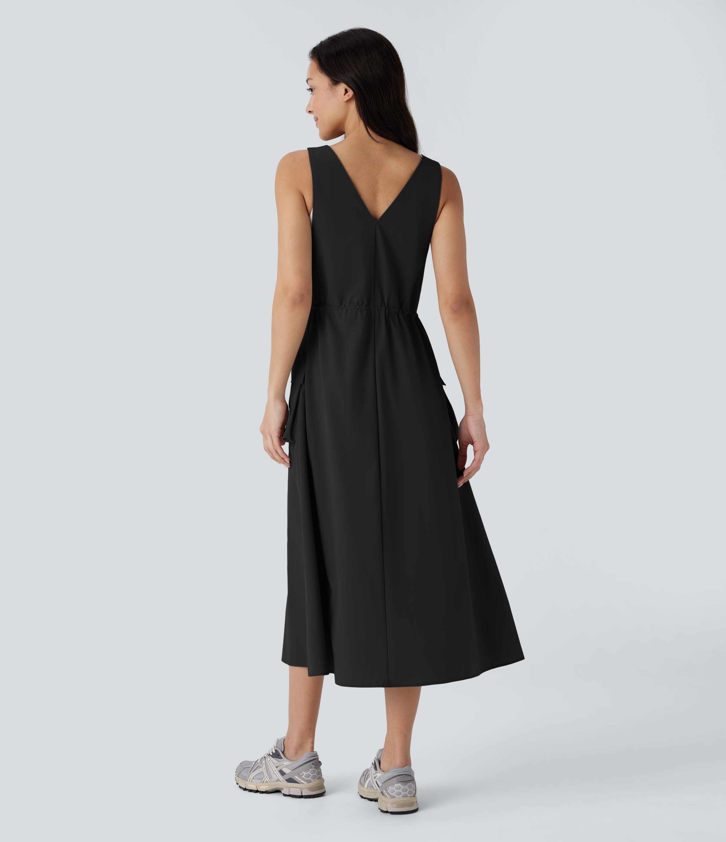 Halara Adjustable Strap Drawstring Multiple Pockets Midi Hiking Overall Active Dress Workout Dress - Black - S 