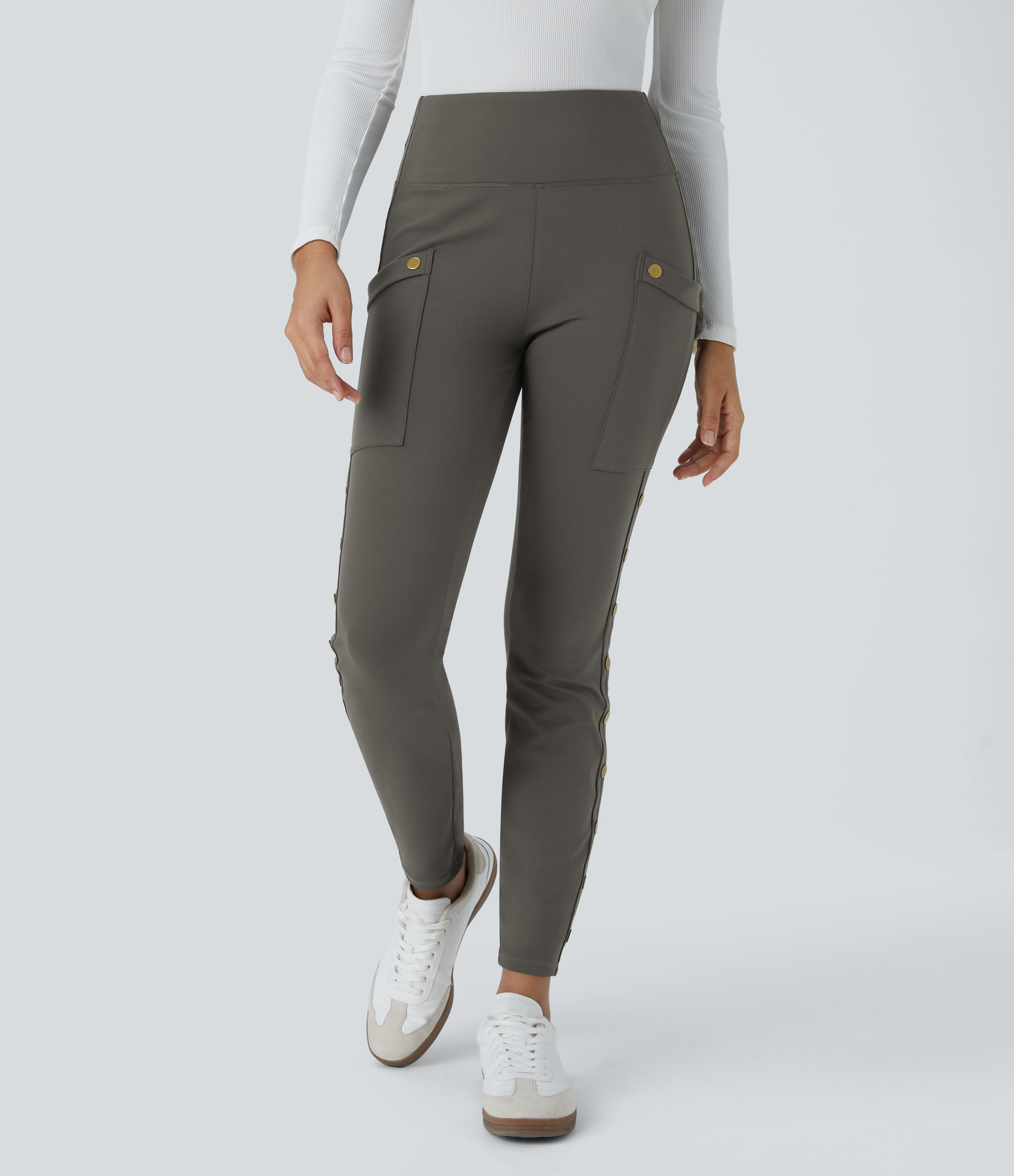 Halara High Waisted Decorative Button Side Pocket Skinny Ankle Length Casual Pants  - Deep Red Grey - M(regular) sweatpants jogger pants 