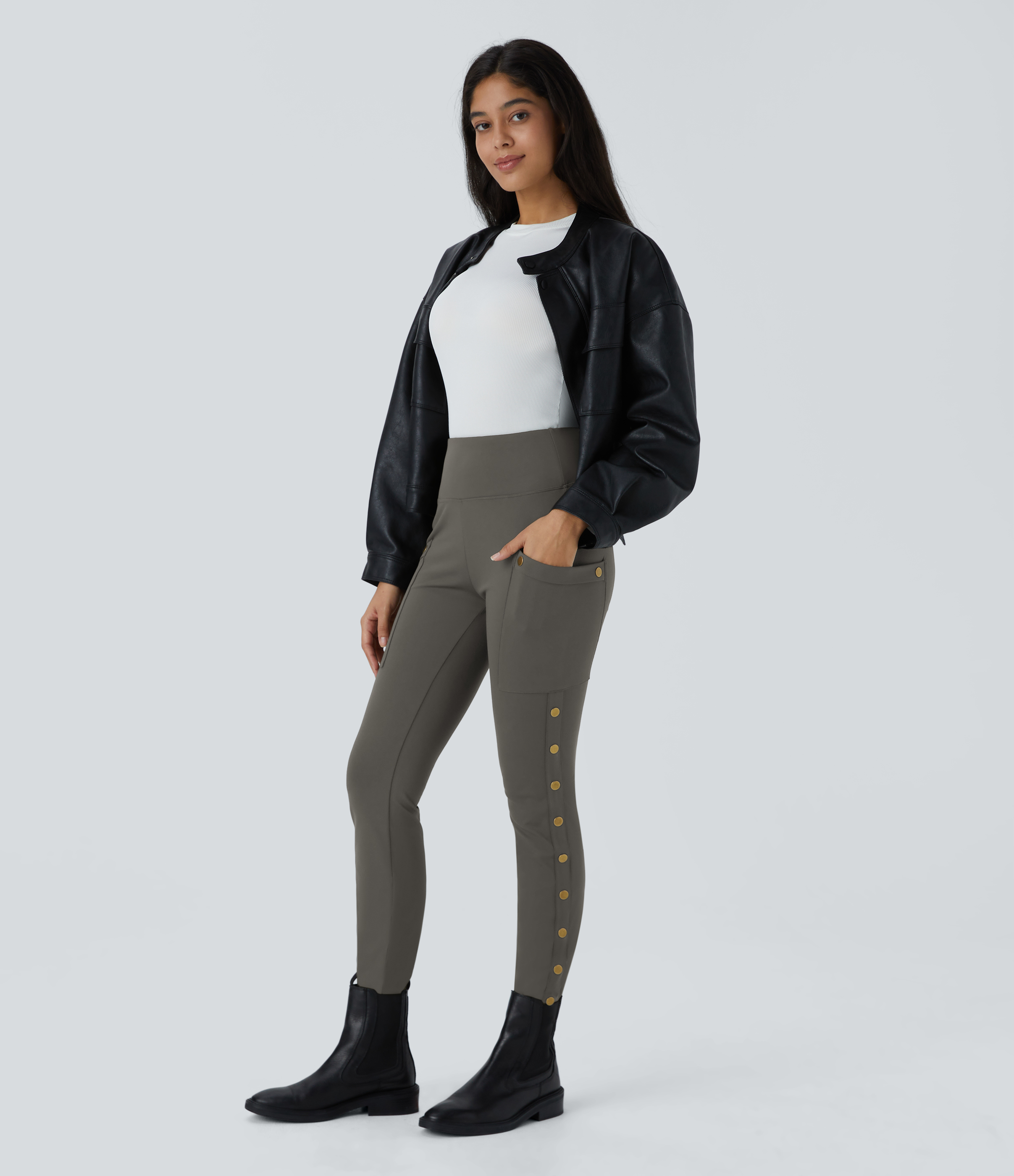 Halara High Waisted Decorative Button Side Pocket Skinny Ankle Length Casual Pants  - Deep Red Grey - M(regular) sweatpants jogger pants 