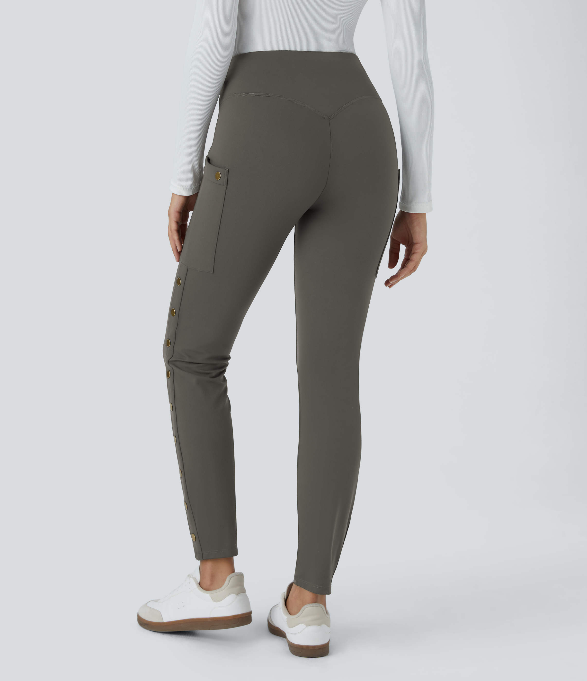 Halara High Waisted Decorative Button Side Pocket Skinny Ankle Length Casual Pants  - Deep Red Grey - M(regular) sweatpants jogger pants 