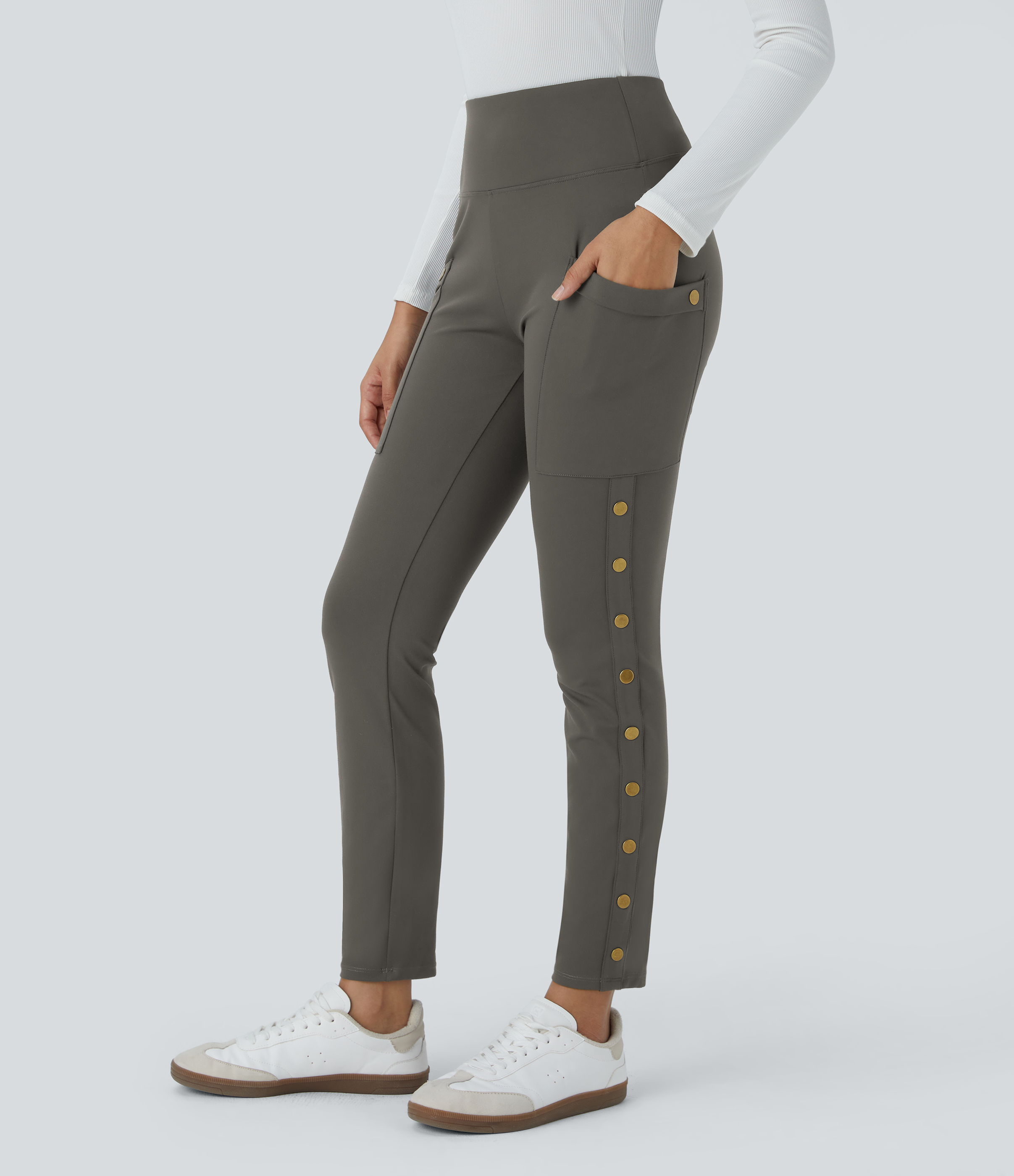 Halara High Waisted Decorative Button Side Pocket Skinny Ankle Length Casual Pants  - Deep Red Grey - M(regular) sweatpants jogger pants 