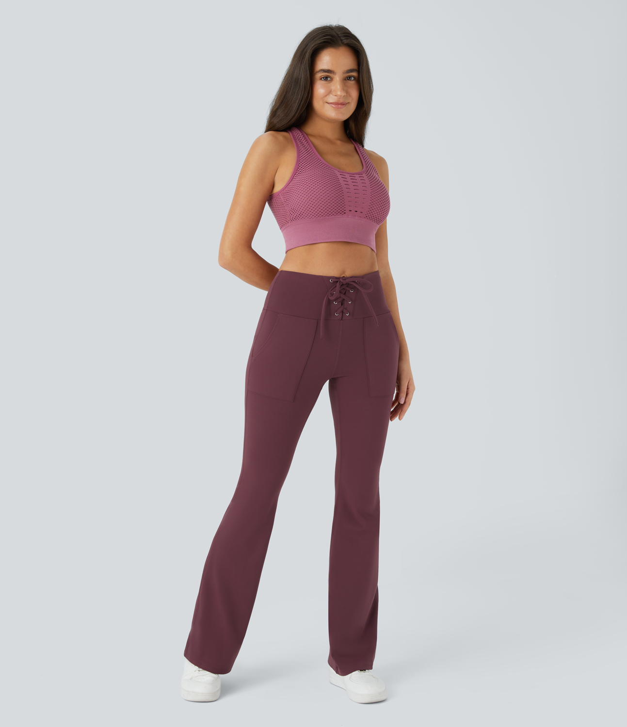 Halara In My Feels Cloudfulв„ў Fabric High Waisted Drawstring Deep Pocket Flare Leggings  - Red Mahogany - XS gym leggings 