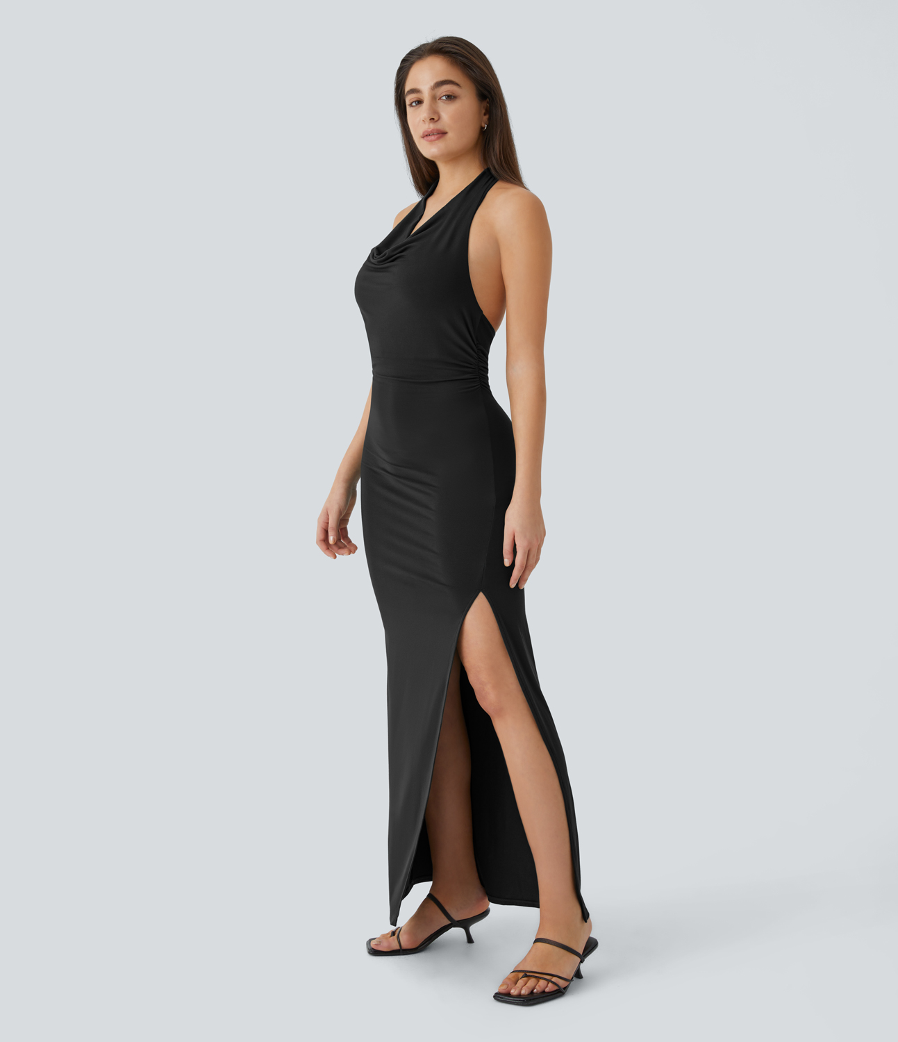 Halara Halter Cowl Neck Backless Ruched Split Maxi Party Dress Casual Dress - Black - S slip dress beach dress ruched dress halter dress 