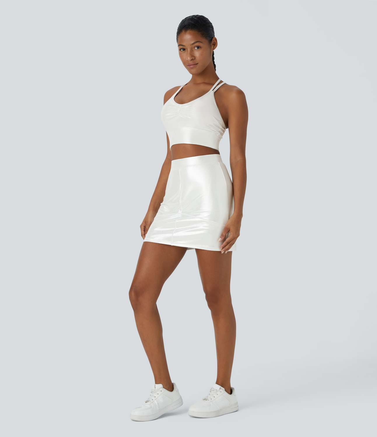 Halara Softlyzeroв„ў Faux Leather Ruched Double Straps Backless Crisscross Foil Print Stretchy Yoga Tank Top Tank Top - Bright Skin Floating White - M 