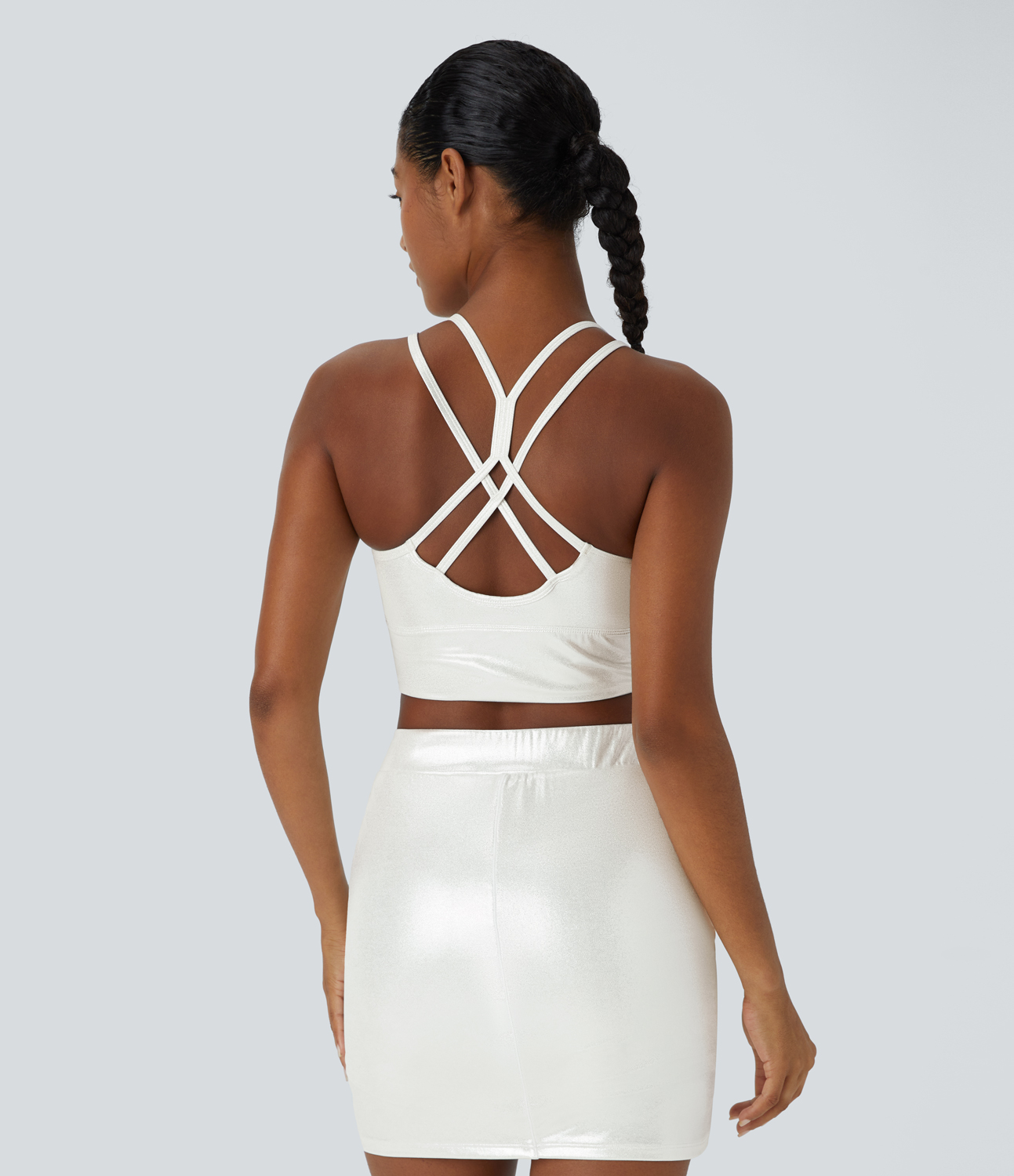 Halara Softlyzeroв„ў Faux Leather Ruched Double Straps Backless Crisscross Foil Print Stretchy Yoga Tank Top Tank Top - Bright Skin Floating White - M 