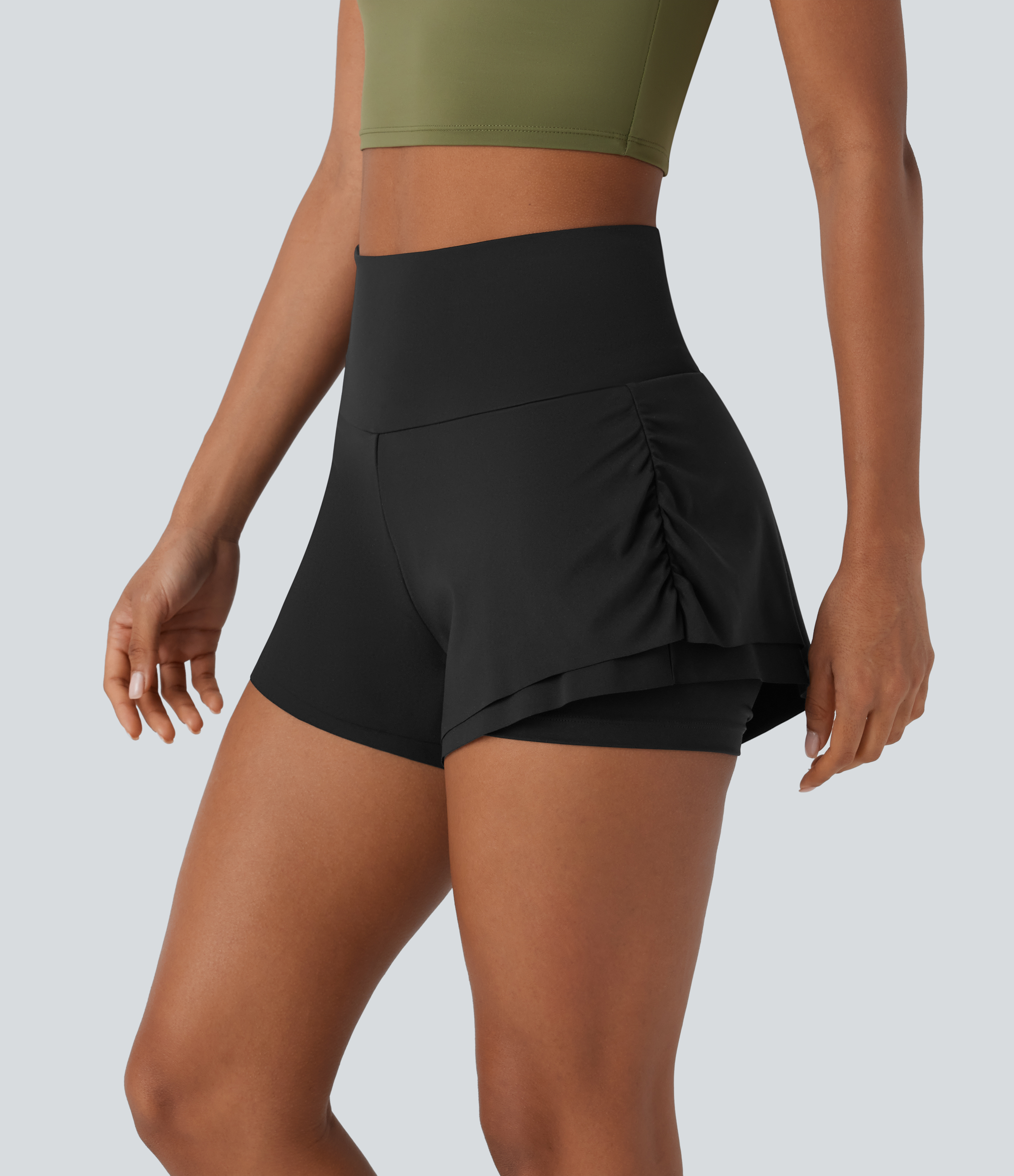 Halara Softlyzeroв„ў Airy High Waisted Ruched Multiple Pockets Curved Hem 2-in-1 Cool Touch Yoga Shorts Gym Short - Black - S booty shorts 