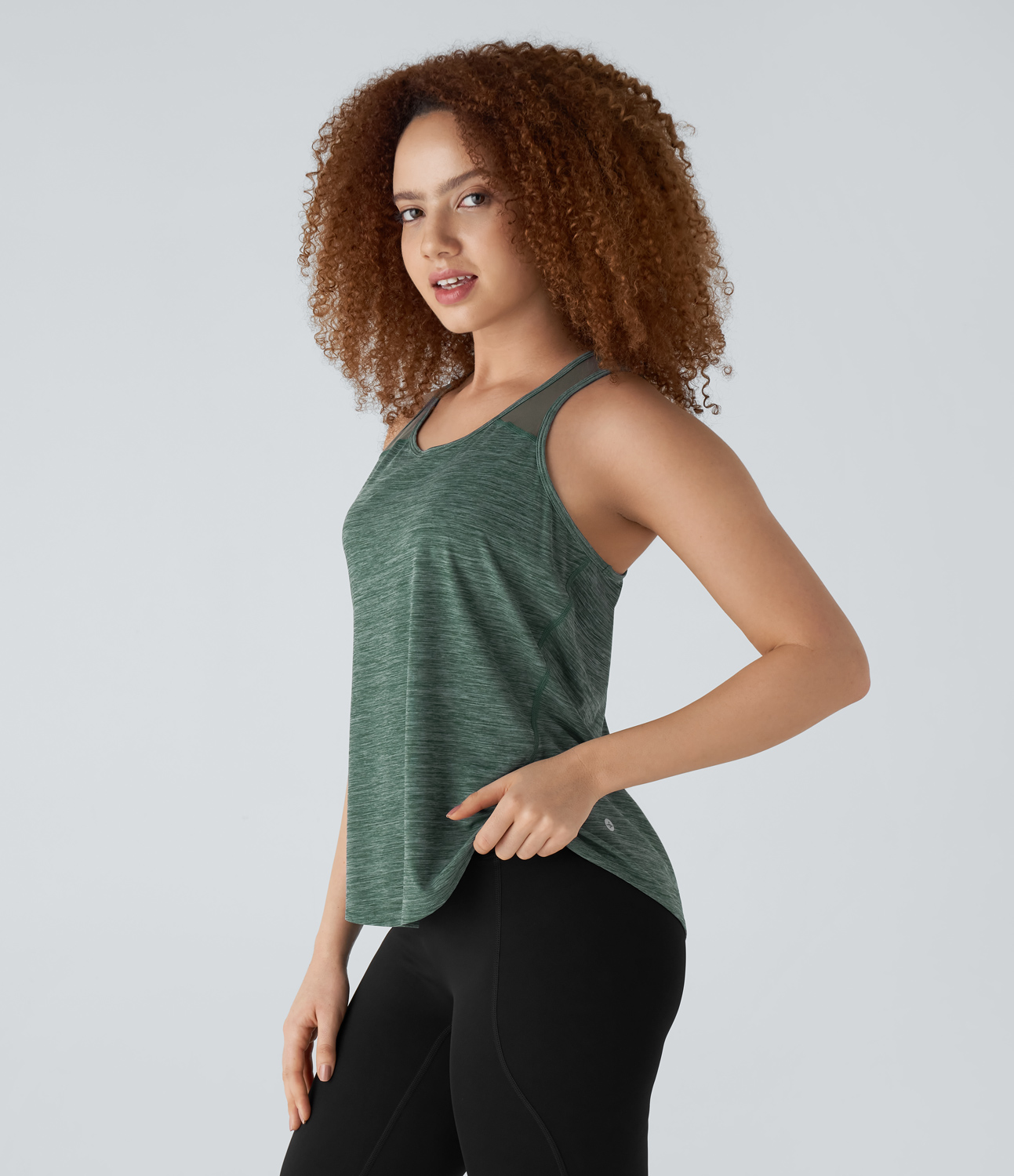 Halara Backless Racerback Contrast Mesh Workout Tank Top Tank Top - Green Texture - M golf tops halter top tunic tops sleeveless tops 