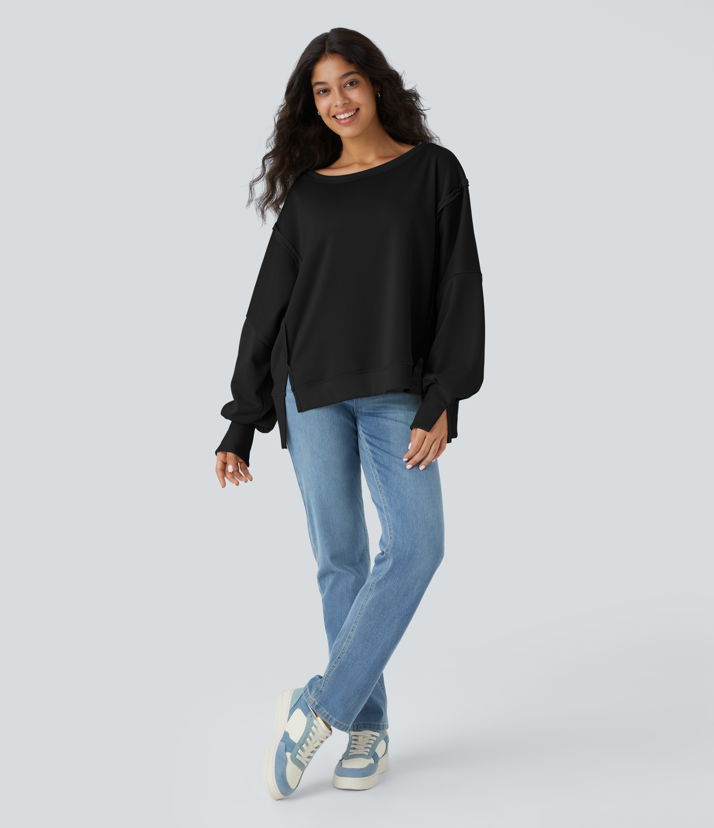 Halara Round Neck Dropped Shoulder Long Sleeve High Low Split Hem Relaxed Casual Sweatshirt  - Black - XL 