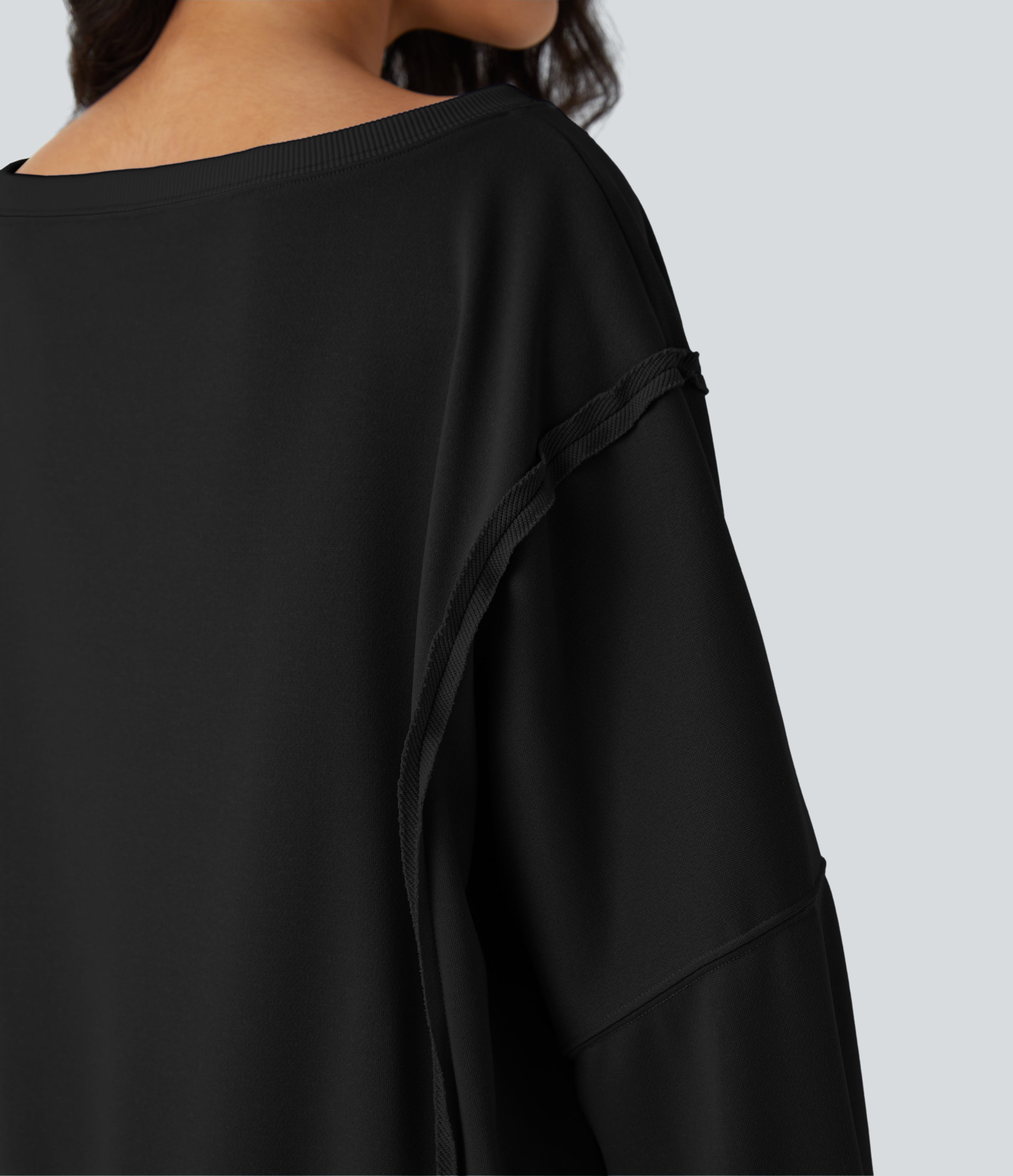 Halara Round Neck Dropped Shoulder Long Sleeve High Low Split Hem Relaxed Casual Sweatshirt  - Black - XL 