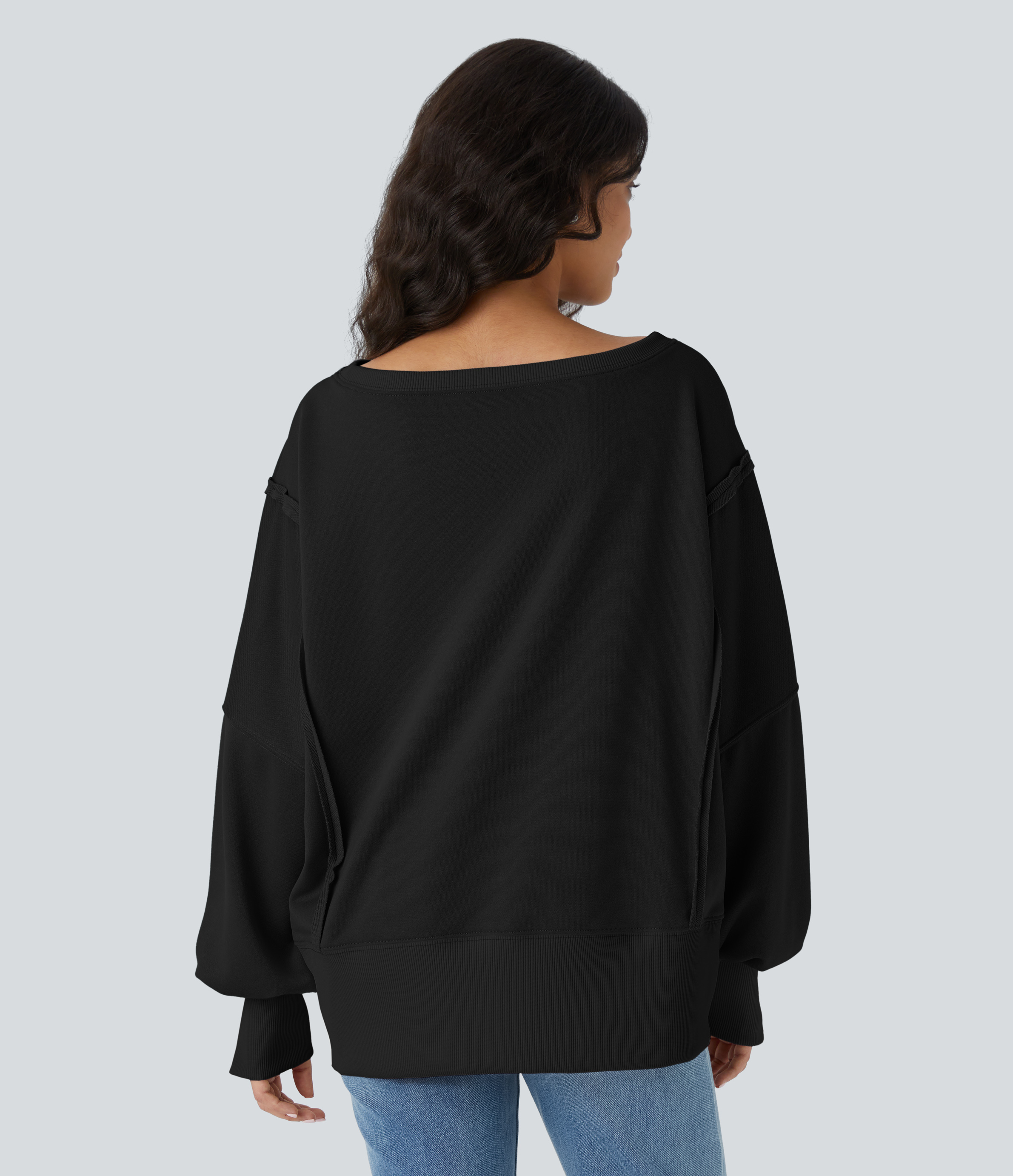 Halara Round Neck Dropped Shoulder Long Sleeve High Low Split Hem Relaxed Casual Sweatshirt  - Black - XL 