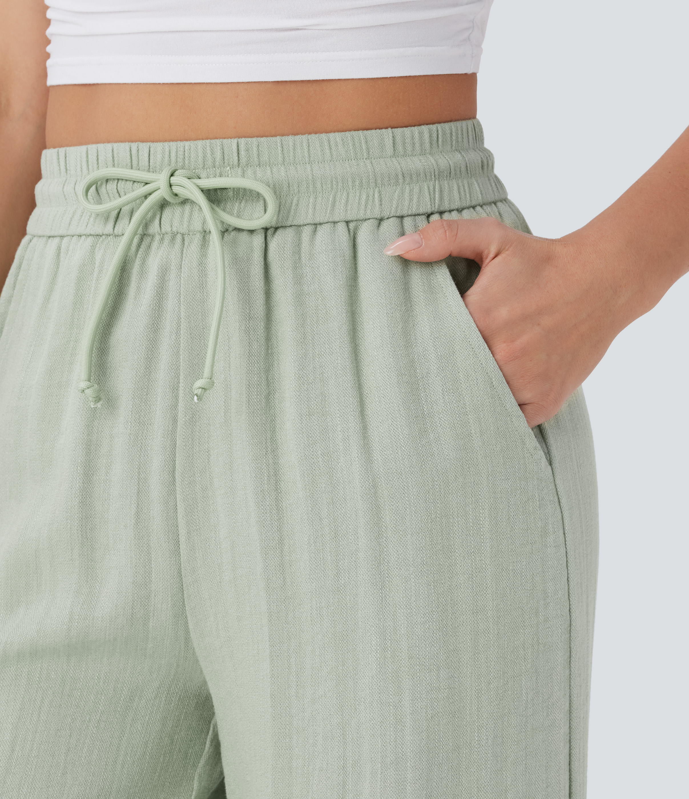 Halara High Waisted Drawstring Side Pocket Wide Leg Casual Pants  - Mineral Gray - L(regular) sweatpants jogger pants stacked sweatpants 