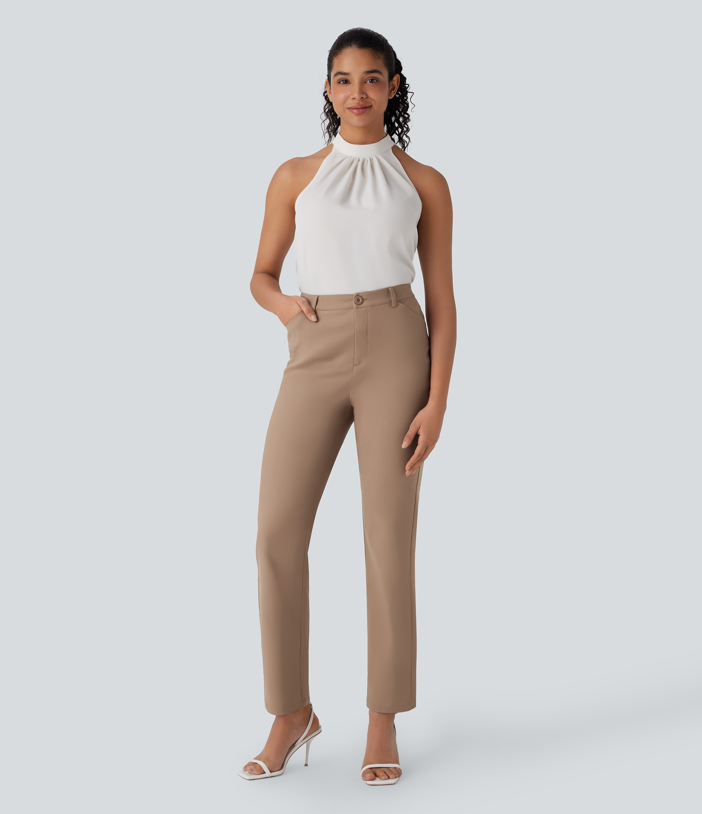 Halara Mid Rise Button Zipper Side Pocket Work Pants  - Coca Mocha - M(regular) sweatpants jogger pants stacked sweatpants cargo joggers 
