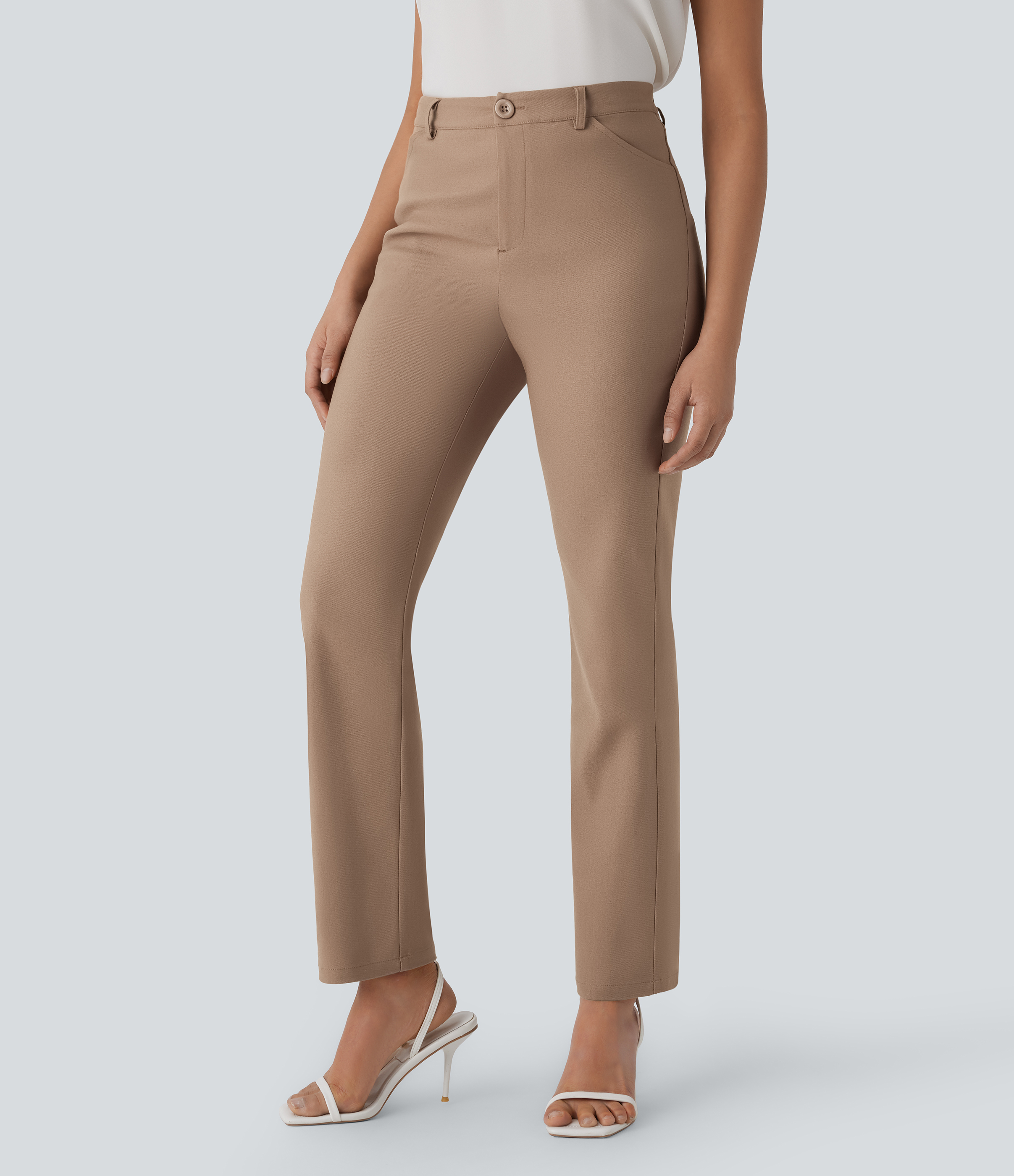 Halara Mid Rise Button Zipper Side Pocket Work Pants  - Coca Mocha - M(regular) sweatpants jogger pants stacked sweatpants cargo joggers 