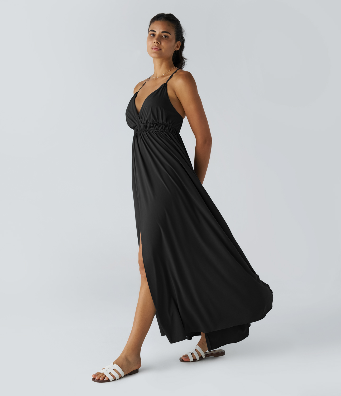 Halara Breezefulв„ў V Neck Crisscross Backless Split Flowy Maxi Quick Dry Casual Slip Dress Casual Dress - Black - XS slip dress beach dress 