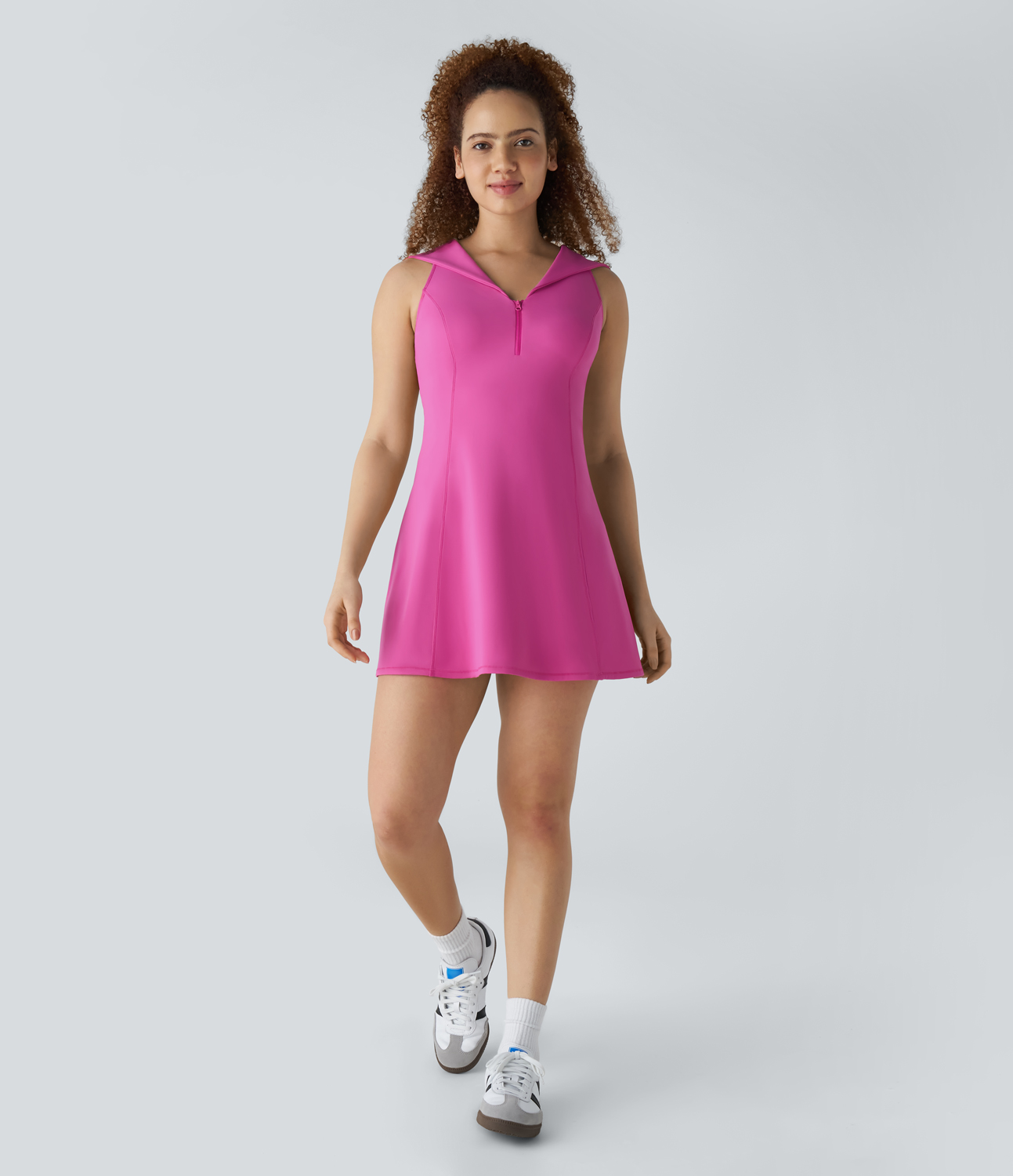 Halara Collared V Neck Half Zip Sleeveless Backless Mini Casual Dress Workout Dress - Fuchsia Fedora - S 