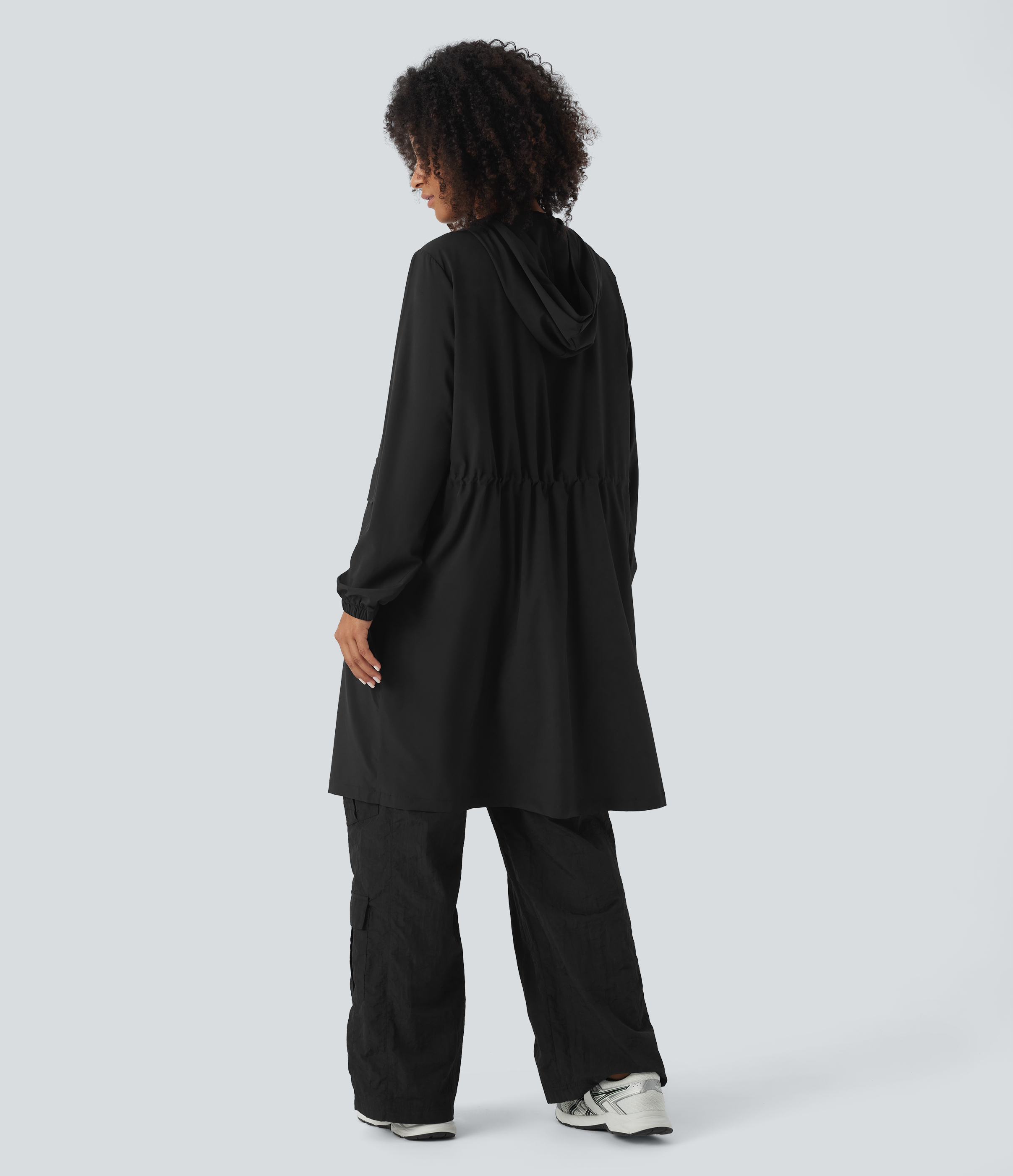 Halara Breezefulв„ў Hooded Drawstring Waisted Front Pocket Snap Button Longline Quick Dry Hiking Cargo Jacket  - Black - M 