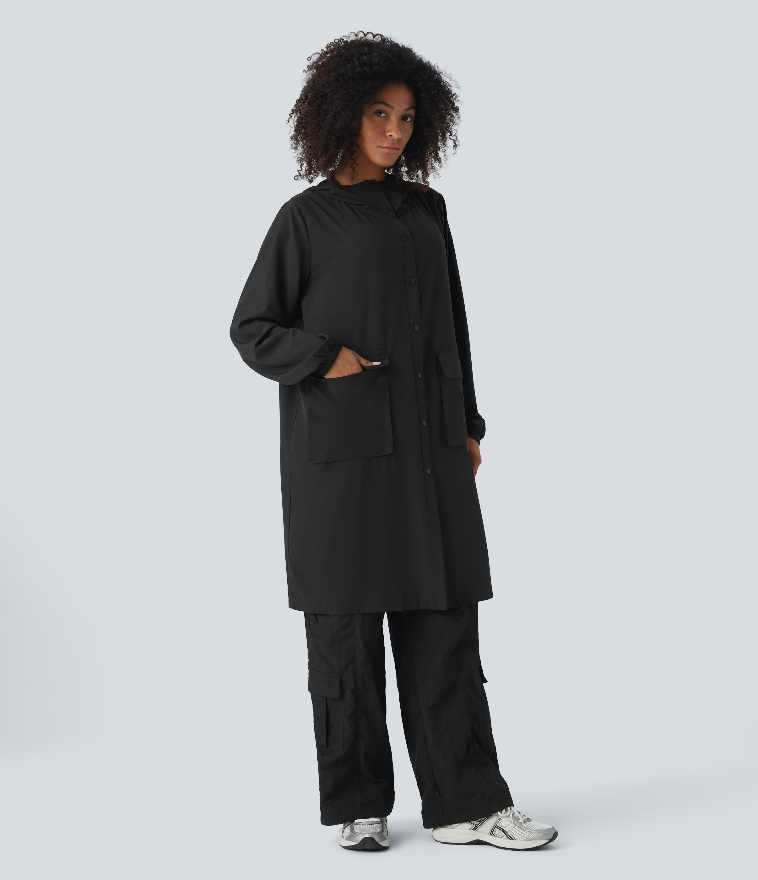 Halara Breezefulв„ў Hooded Drawstring Waisted Front Pocket Snap Button Longline Quick Dry Hiking Cargo Jacket  - Black - M 