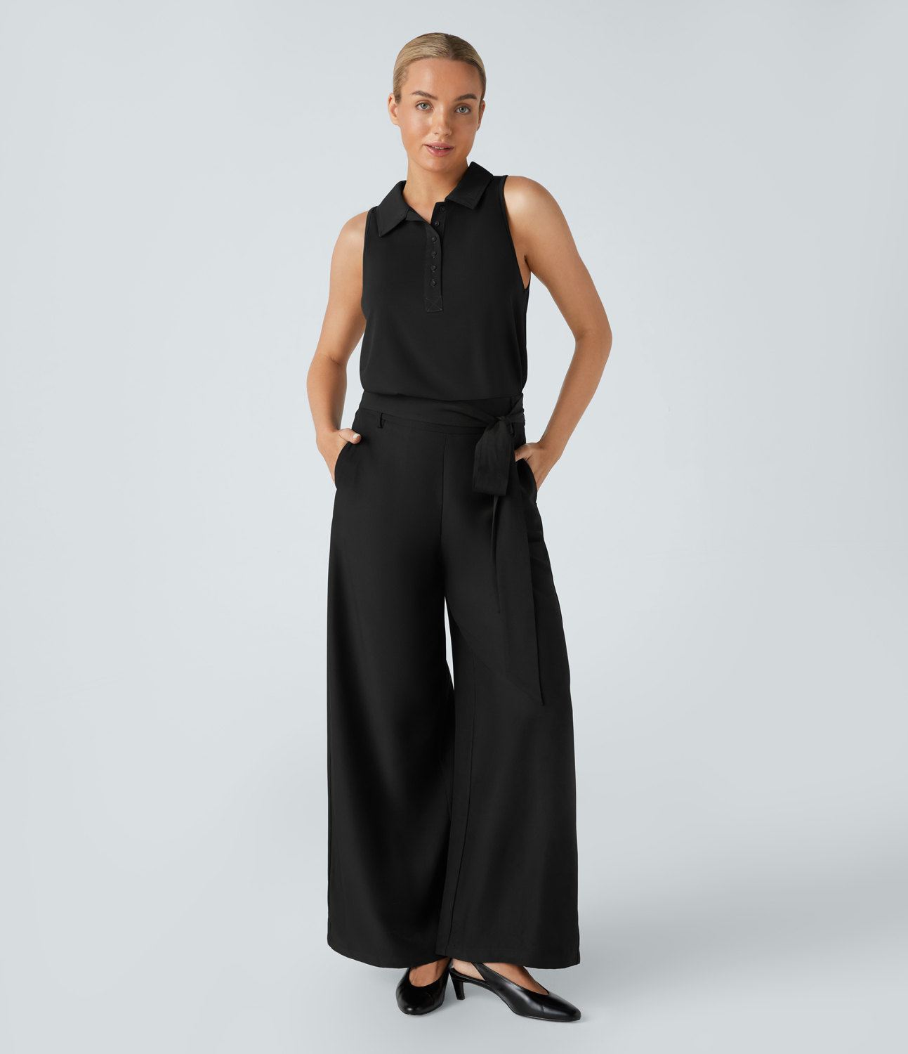 

Halara Polo Neck Split Hem Work Tank Top Tank Top - Black -  golf tops halter top tunic tops sleeveless tops backless top