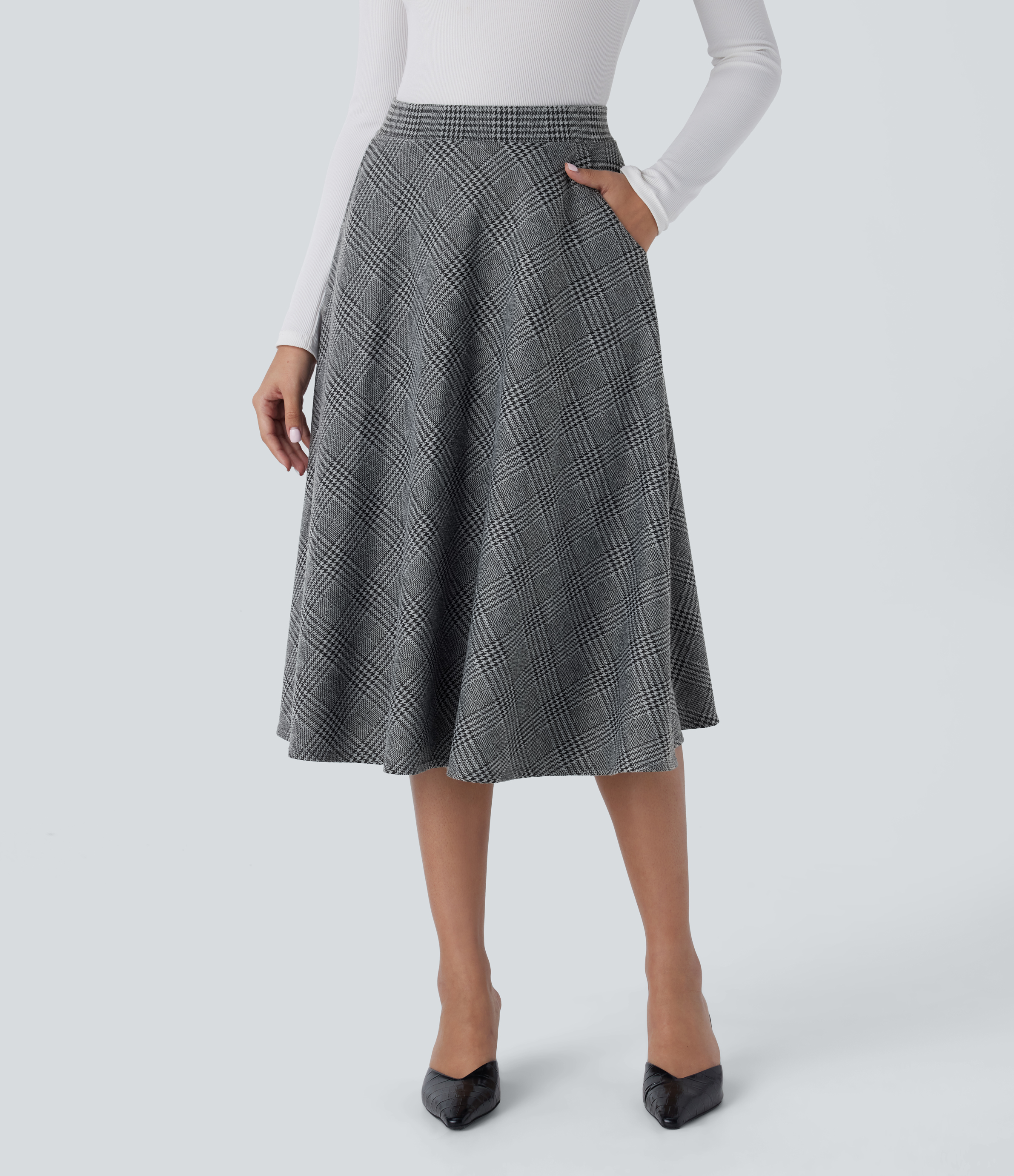 High Waisted Pocket Houndstooth Plaid Flare Midi Casual Skirt