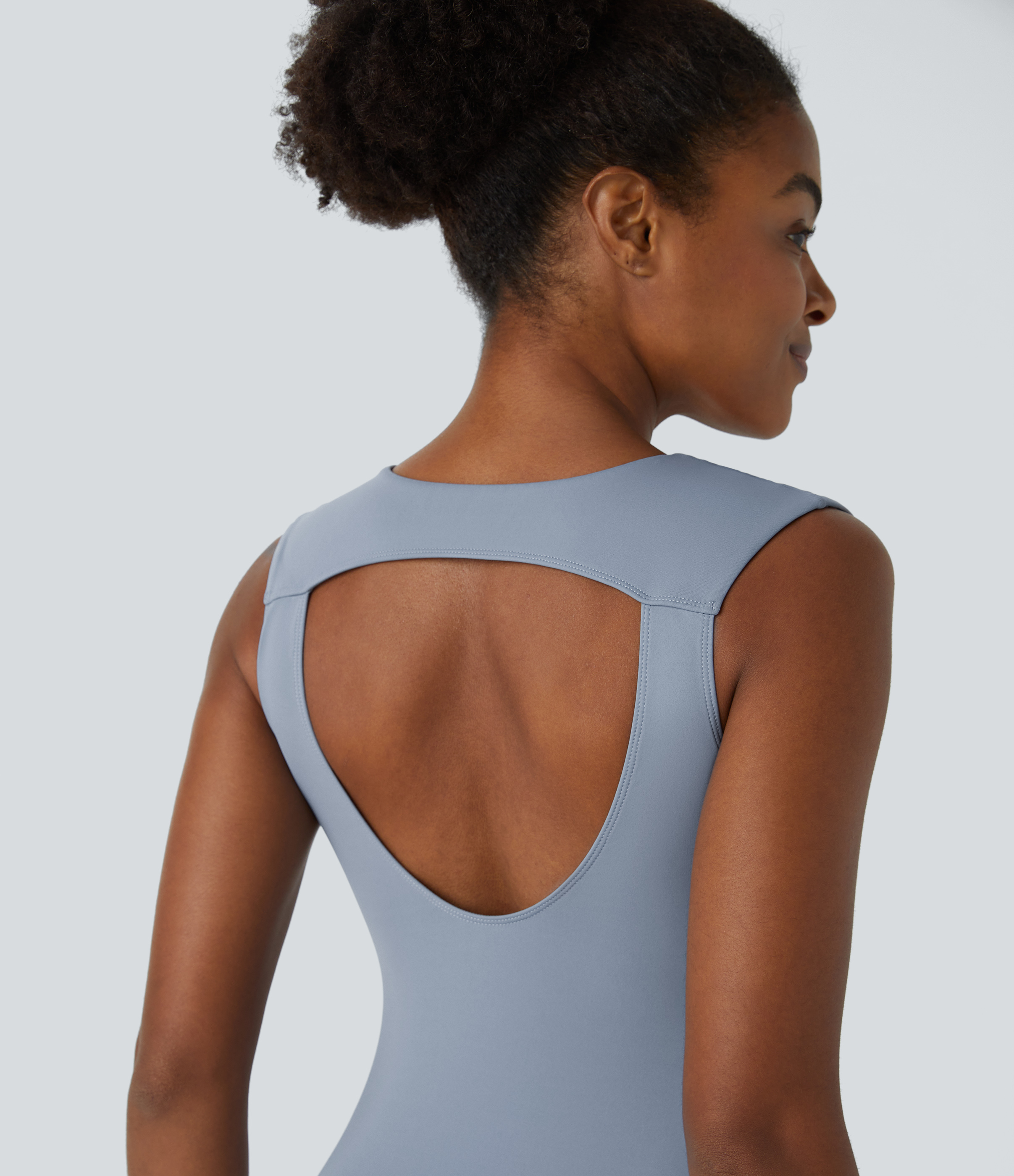 Halara Backless Cut Out Ruched Split Hem Midi Casual Dress Workout Dress - Snowflake Blue - M 