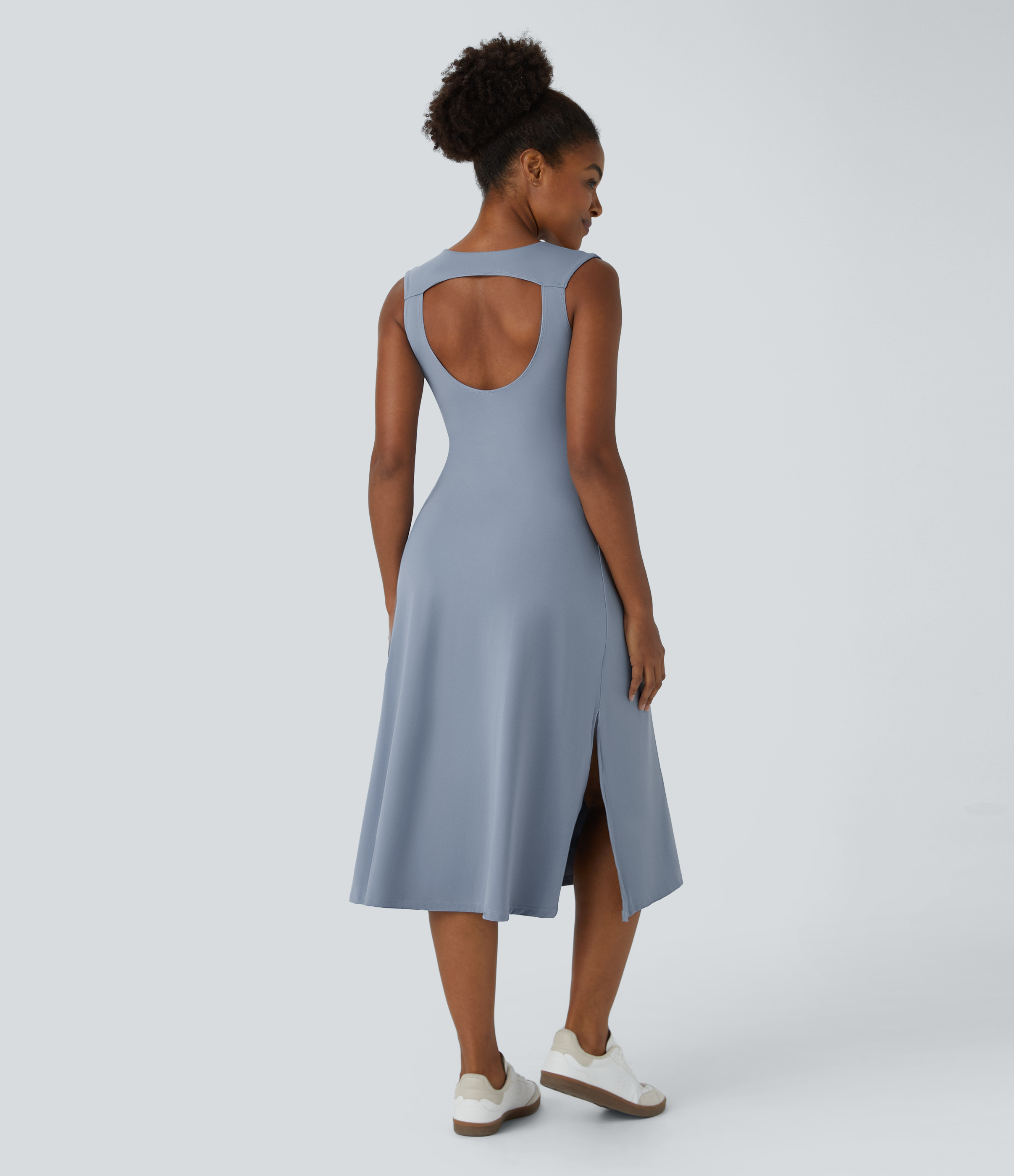 Halara Backless Cut Out Ruched Split Hem Midi Casual Dress Workout Dress - Snowflake Blue - M 