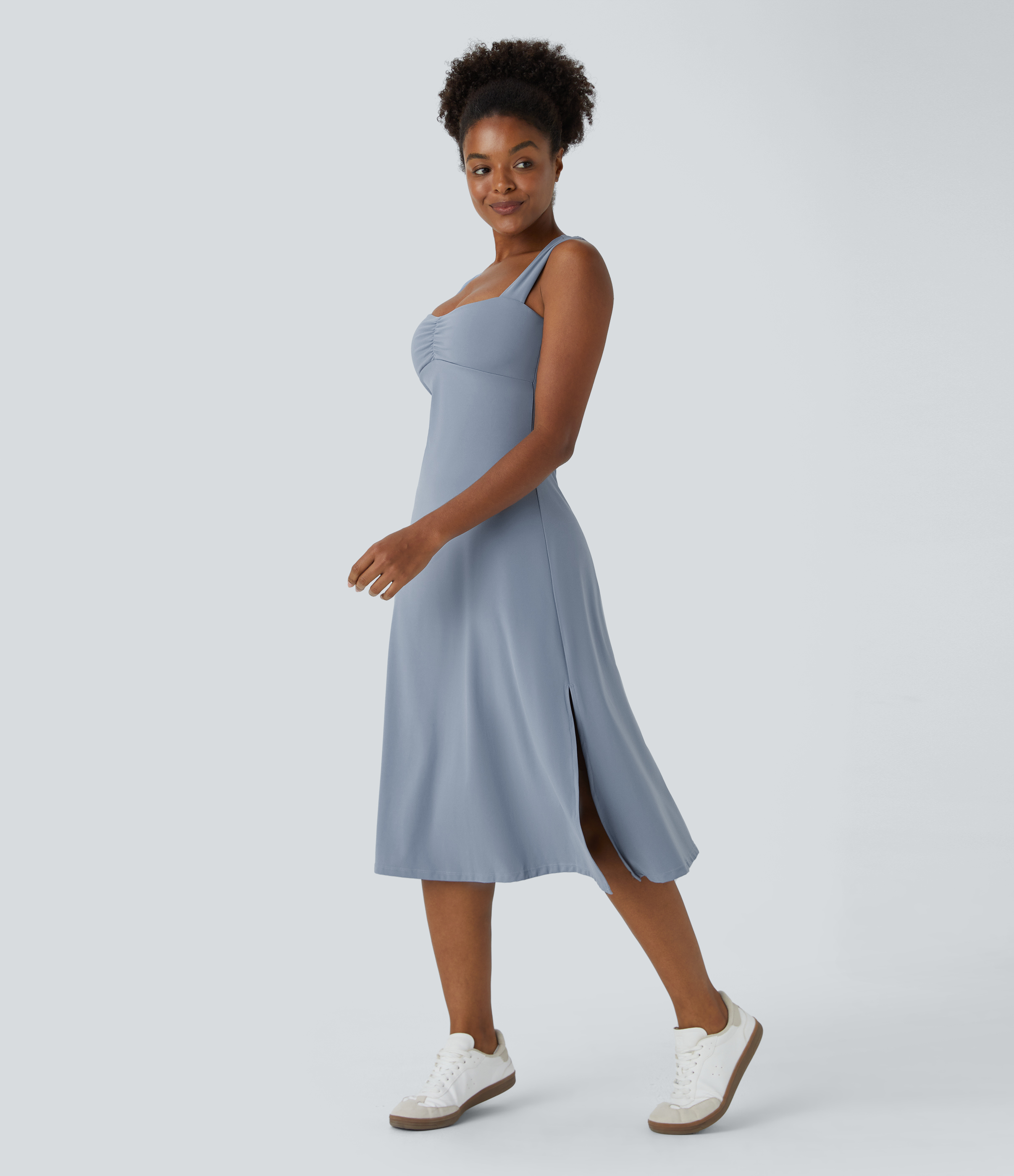 Halara Backless Cut Out Ruched Split Hem Midi Casual Dress Workout Dress - Snowflake Blue - M 