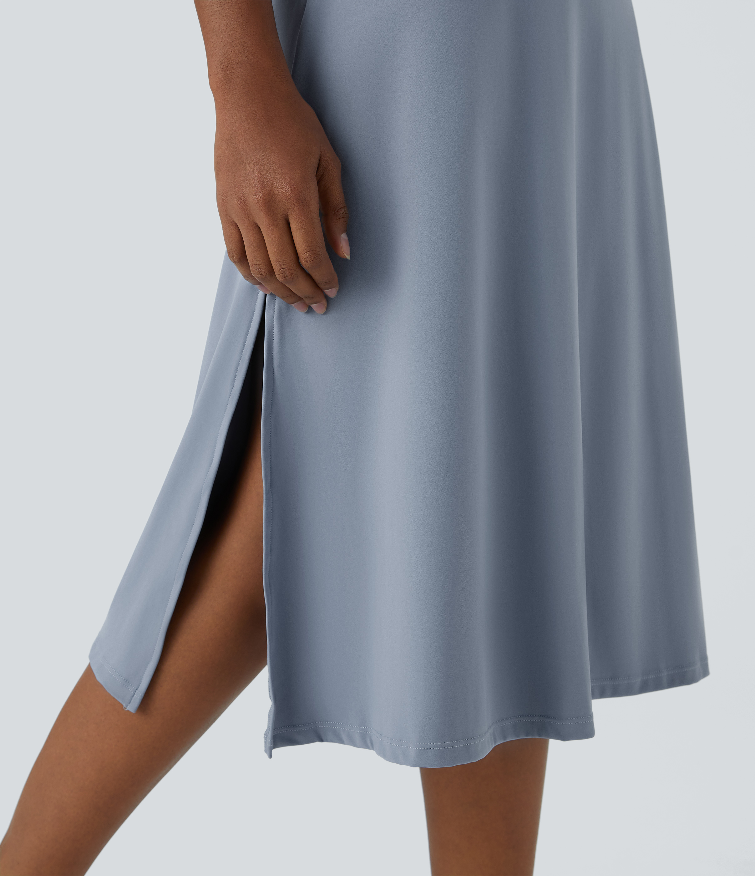 Halara Backless Cut Out Ruched Split Hem Midi Casual Dress Workout Dress - Snowflake Blue - M 