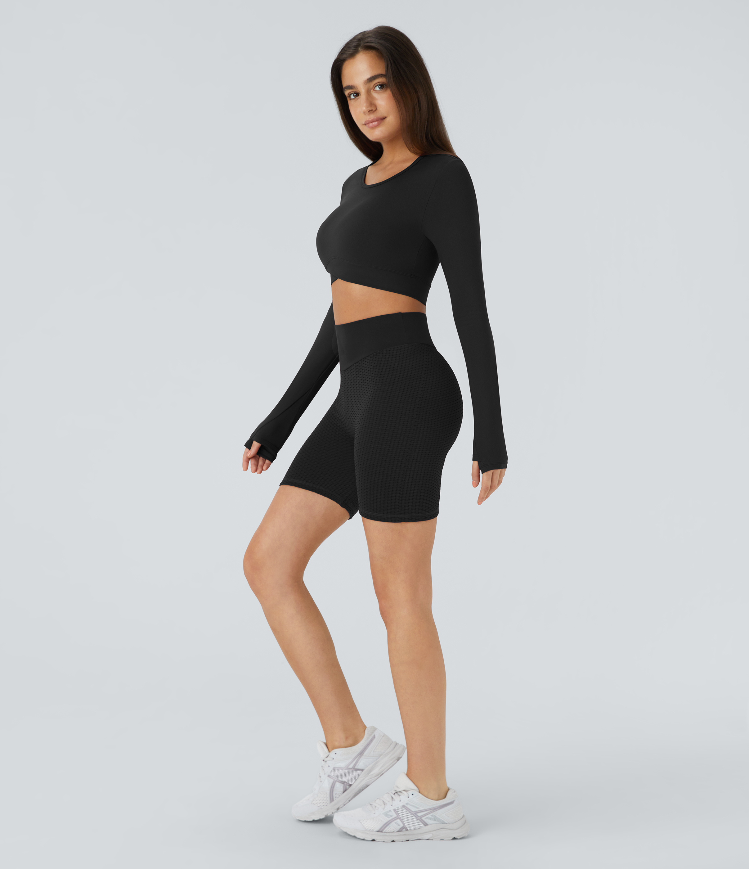 Halara Seamless Flow High Waisted V Shaped Waistband Ruched Jacquard Biker Shorts  - Black - L biker shorts women black biker shorts 