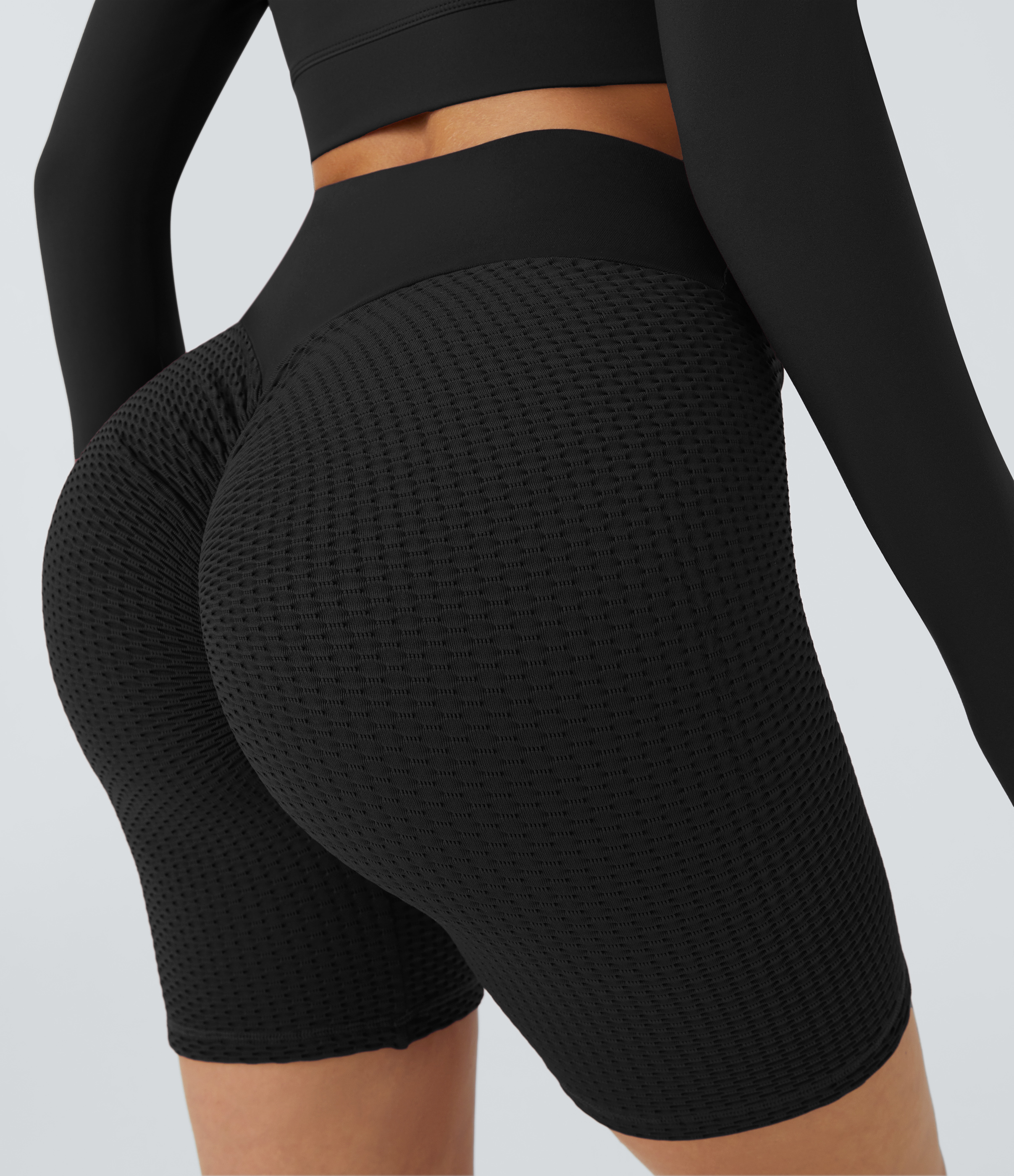 Halara Seamless Flow High Waisted V Shaped Waistband Ruched Jacquard Biker Shorts  - Black - L biker shorts women black biker shorts 