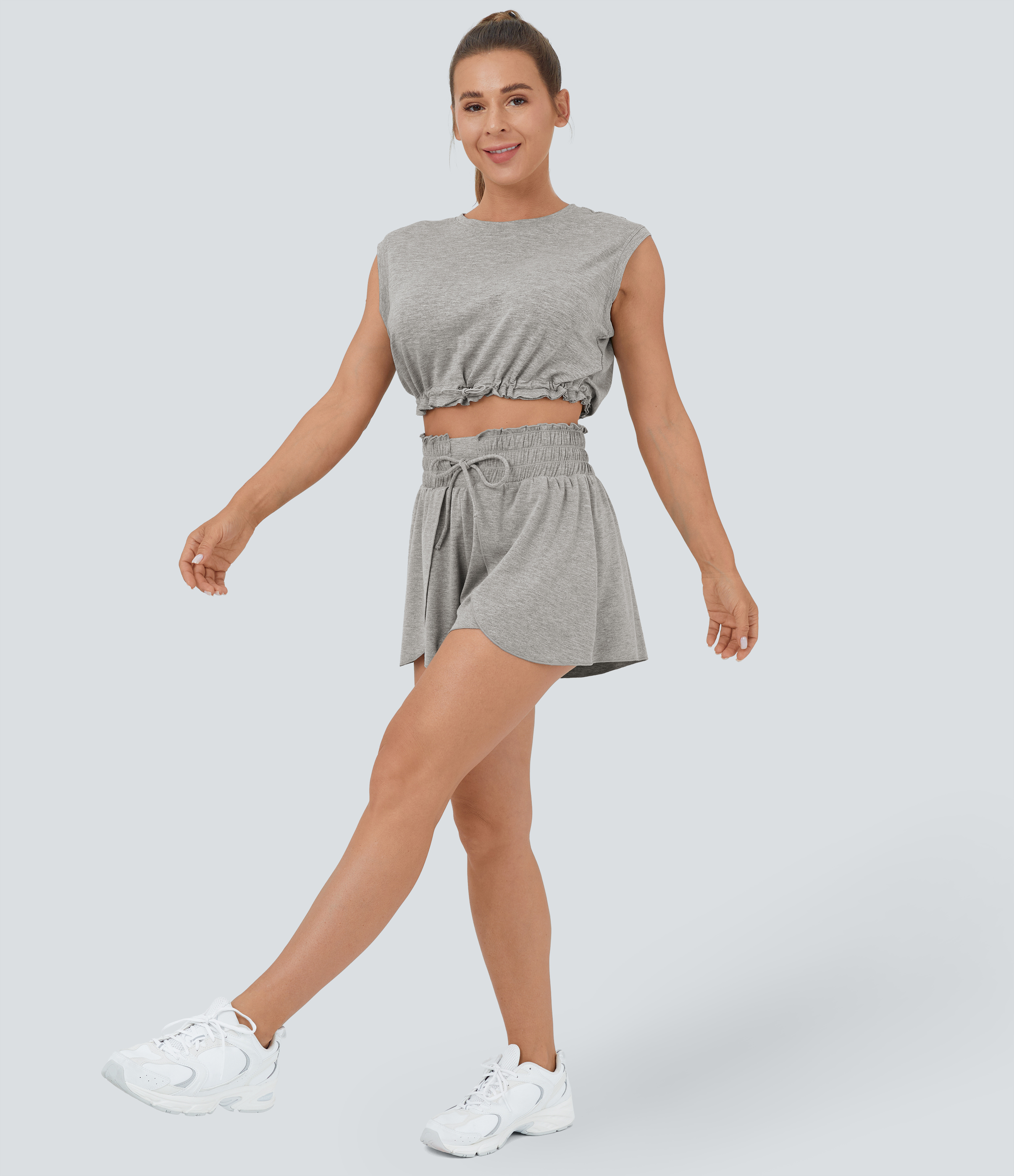 Halara Frill High Waisted Elastic Waistband Drawstring Flowy Stacked Casual Shorts 3