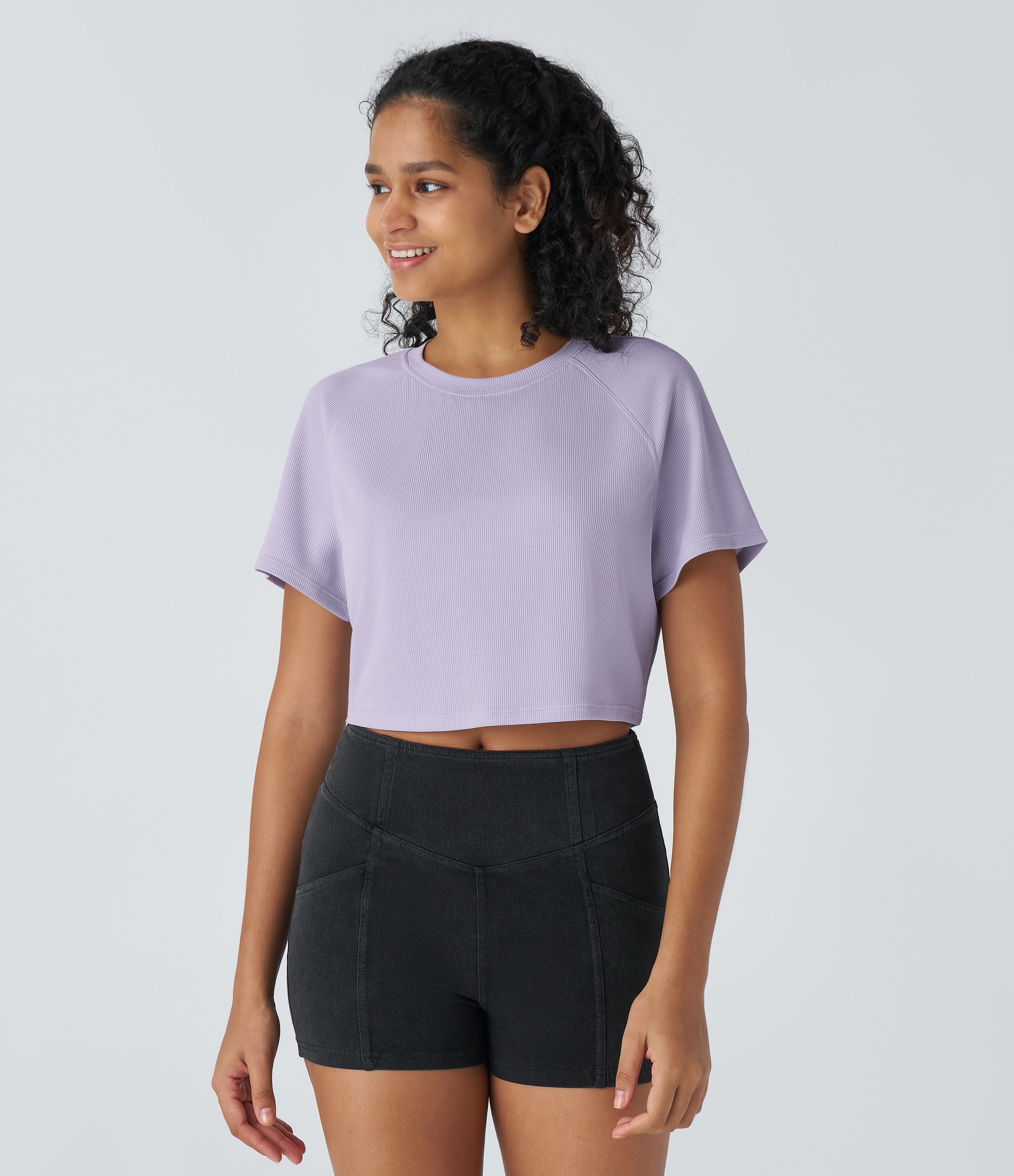 Halara Raglan Sleeve Solid Cropped Waffle Casual Tee  - Mashed Taro purple - XL 