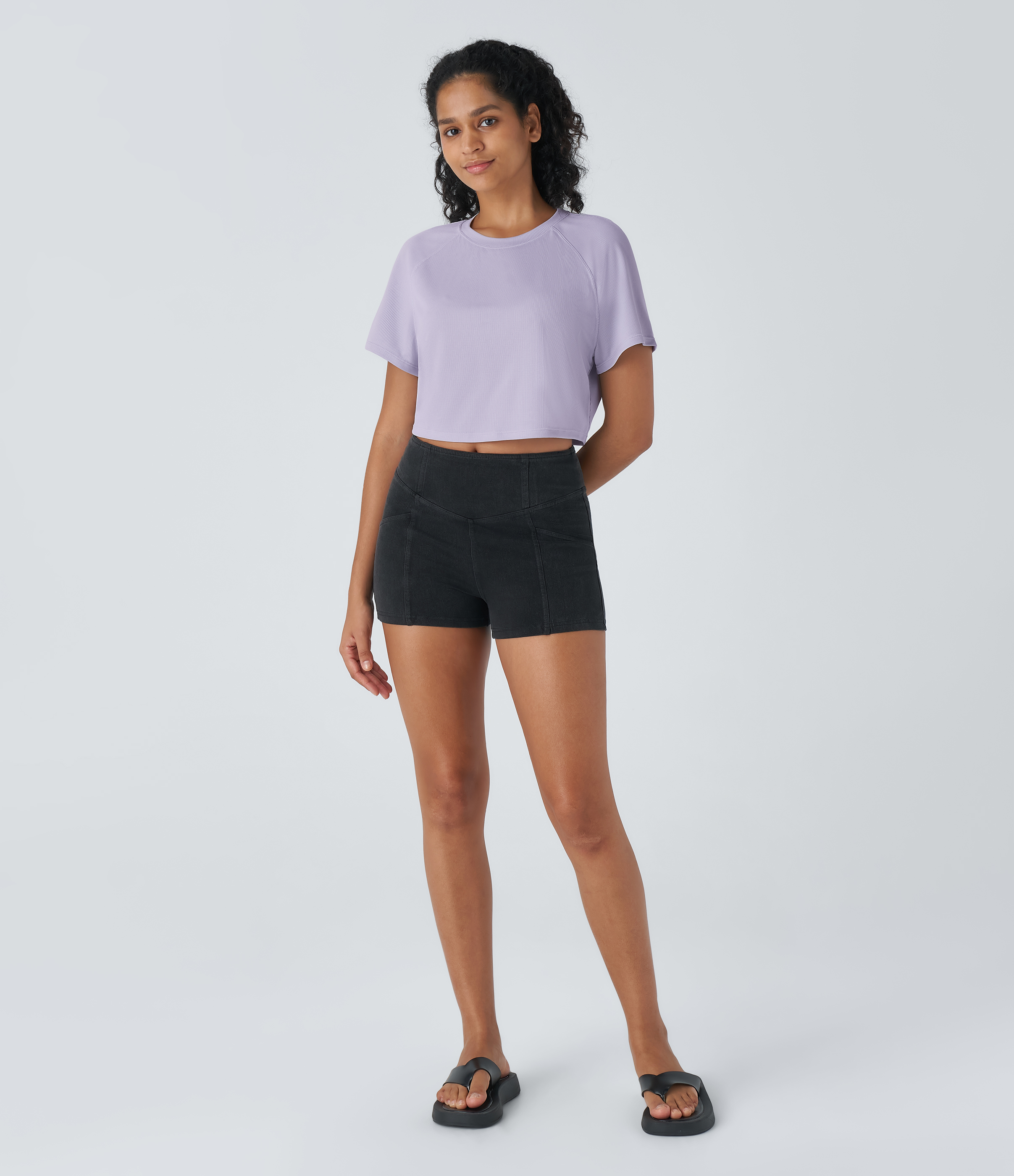 Halara Raglan Sleeve Solid Cropped Waffle Casual Tee  - Mashed Taro purple - XL 