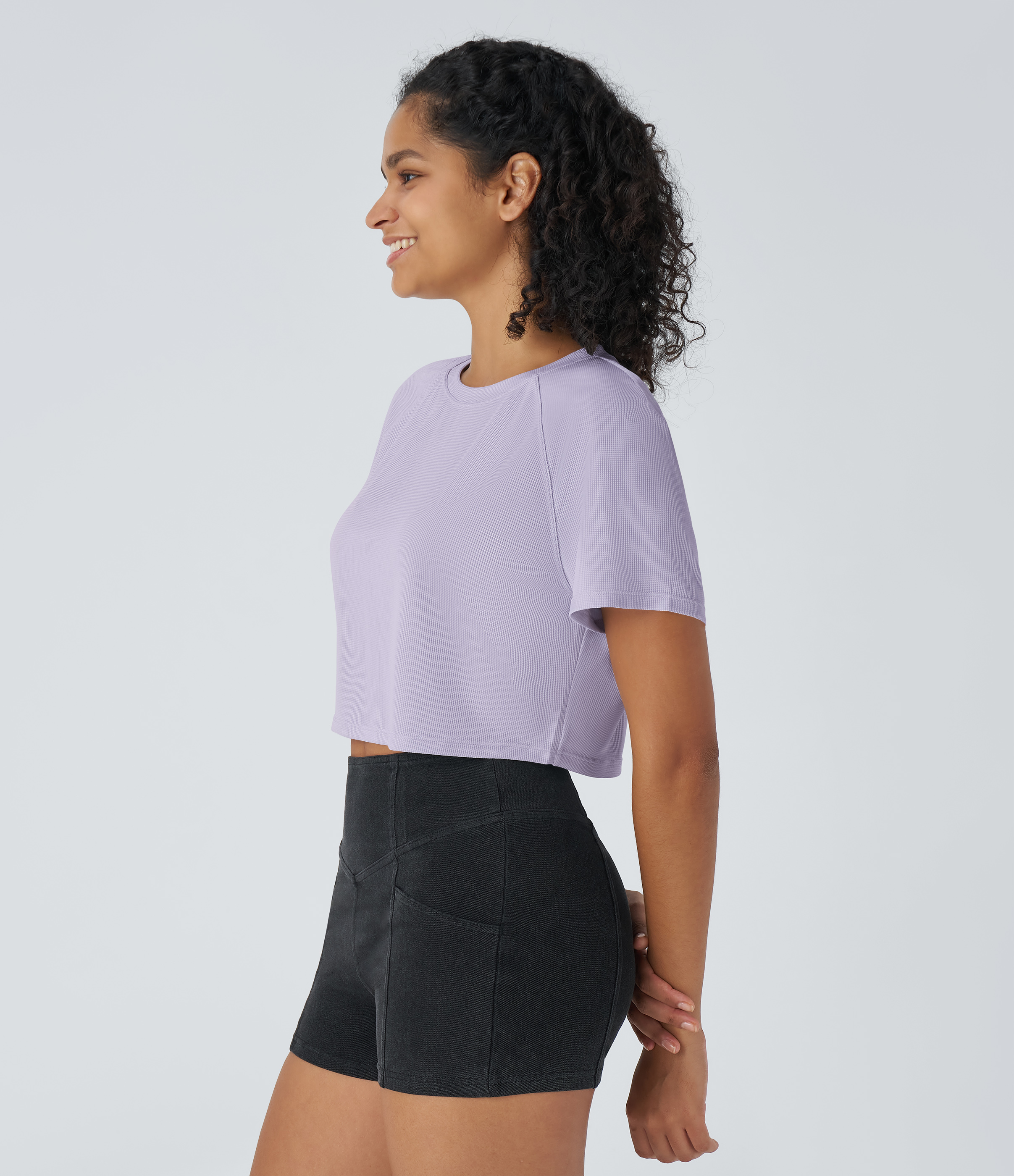 Halara Raglan Sleeve Solid Cropped Waffle Casual Tee  - Mashed Taro purple - XL 