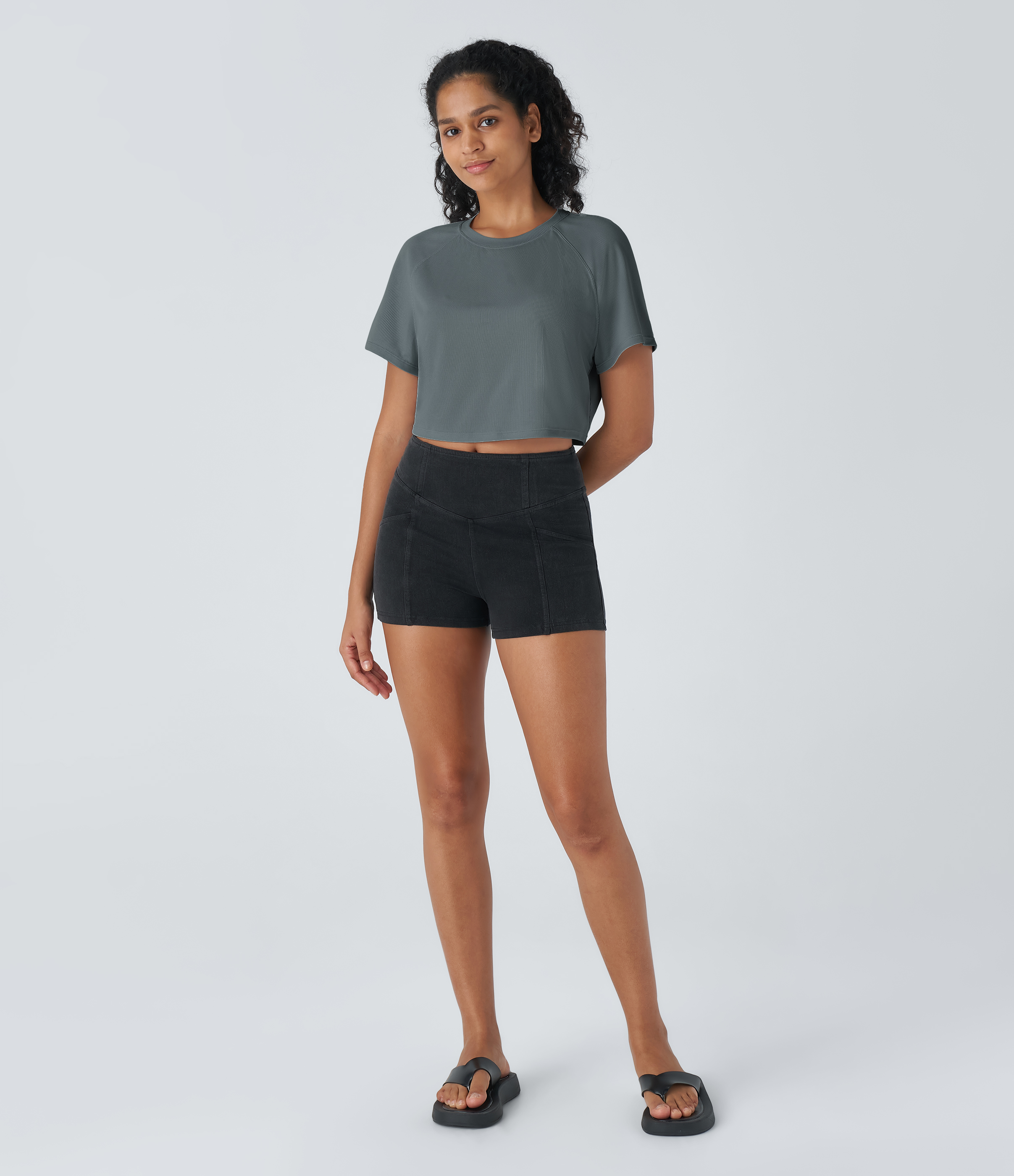 Halara Raglan Sleeve Solid Cropped Waffle Casual Tee  - Hurricane Grey - XS 